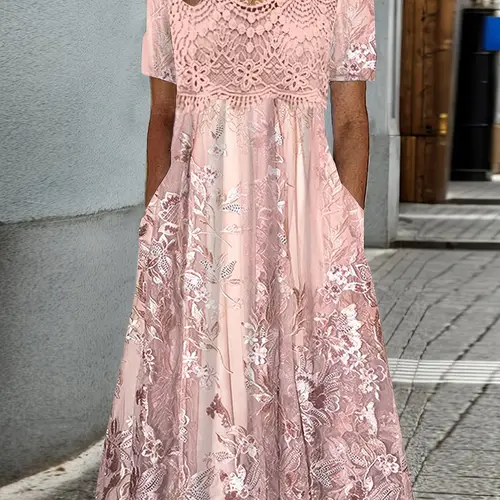 plus size plus size short sleeve midi dress with lace neck and flower print
