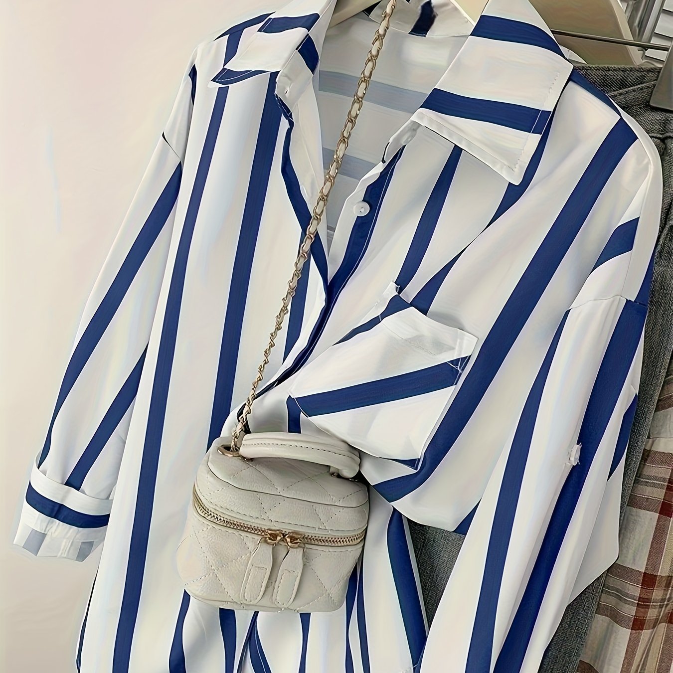 E-shop Modisches Casual Gestreiftes Hemd, Feminin, Lockerer Vielseitiger Langarm-Oberteil für Pendler, Ideal für Frühling Herbst Design