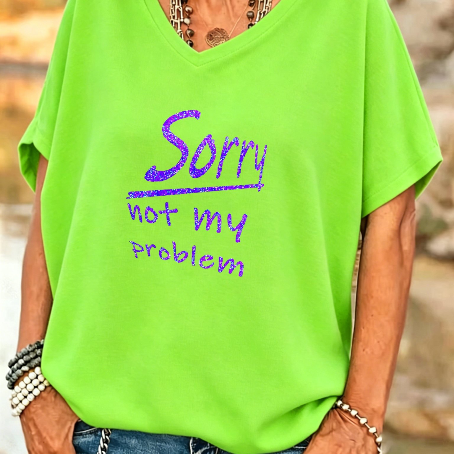 TEMU Plus Size, Plus Size Women V Neck Batwing Sleeve Short Sleeve T Shirt Sorry Not My Problem Summer Top For Beach And Casual Attire