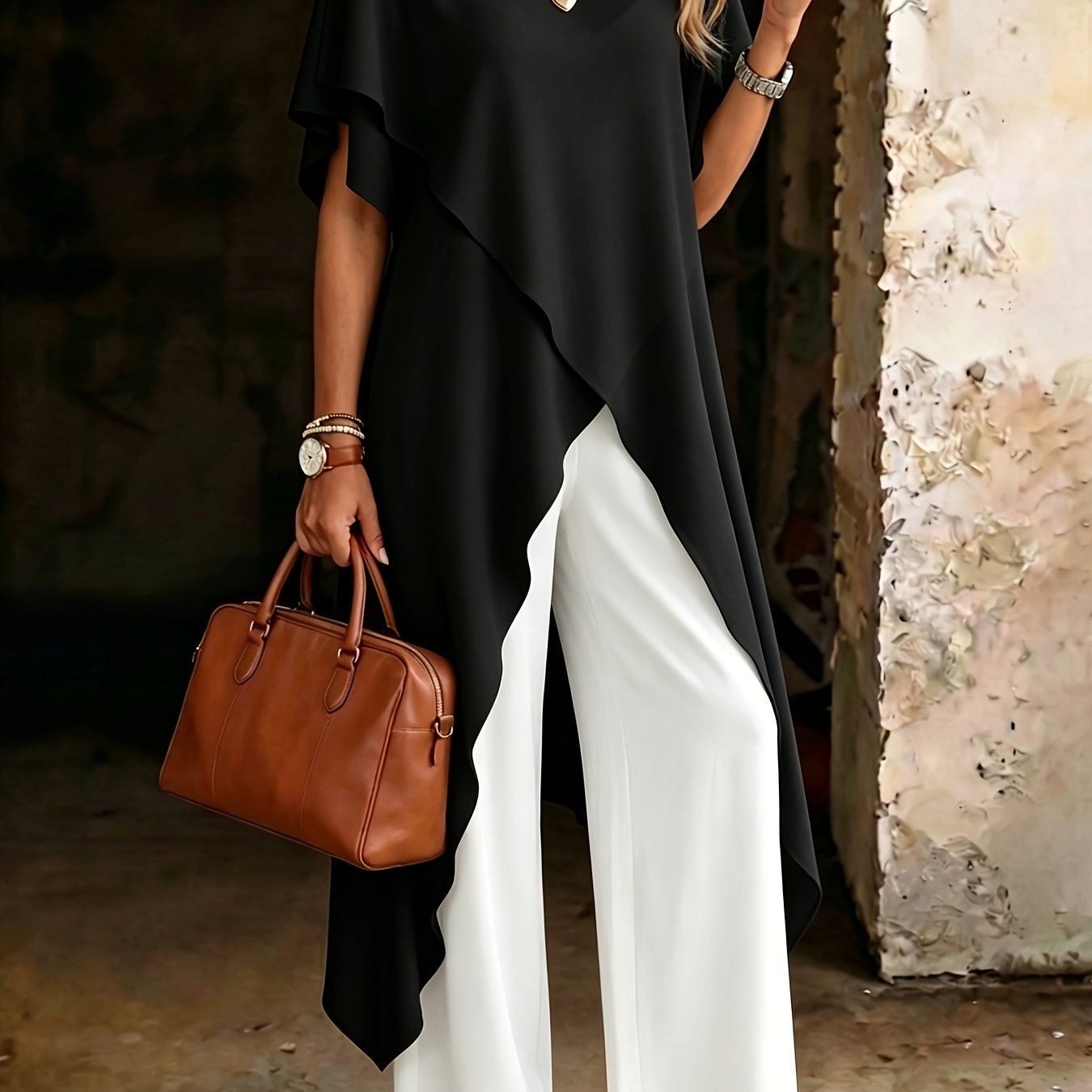 TEMU Plus Size, Women's Plus Size Elegant Cross-front Slit T-shirt - Short Sleeve Round Neck -compatible Top With Irregular Hem, Stretch Fabric