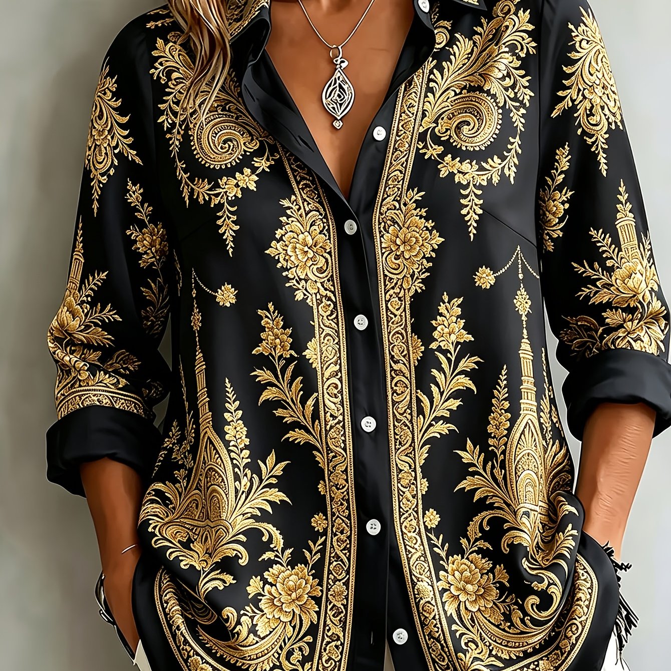 TEMU Grande Taille - Vêtement Tendance Baroque à Imprimé Floral pour Femmes, Chemise à Manches Courtes et Tissu Ouvert