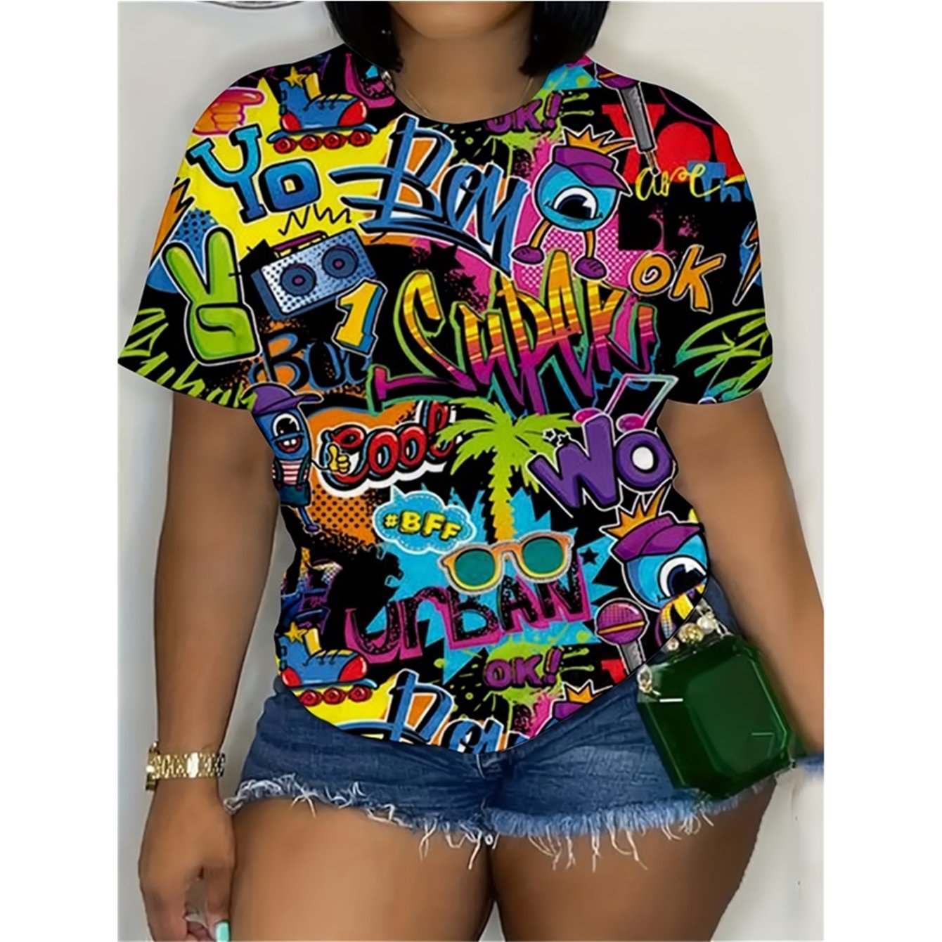 Plus Size Women's Oversized 3d Graffiti T-shirt With Letters & Music Notes - Urban , Print Short Sleeve Round Neck Top For Parties, Travel, Casual Wear - Gift For Street Artists