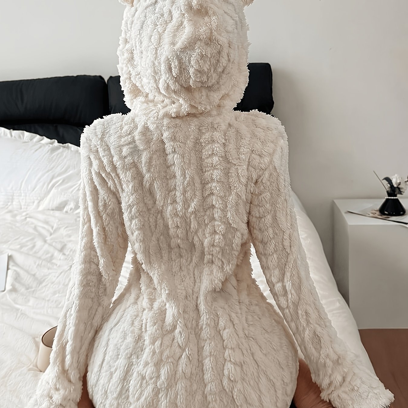 TEMU [] Fall Winter Soft Plush Romper Shorts Women's Cute Bear Ear Hooded Wear Jumpsuit
