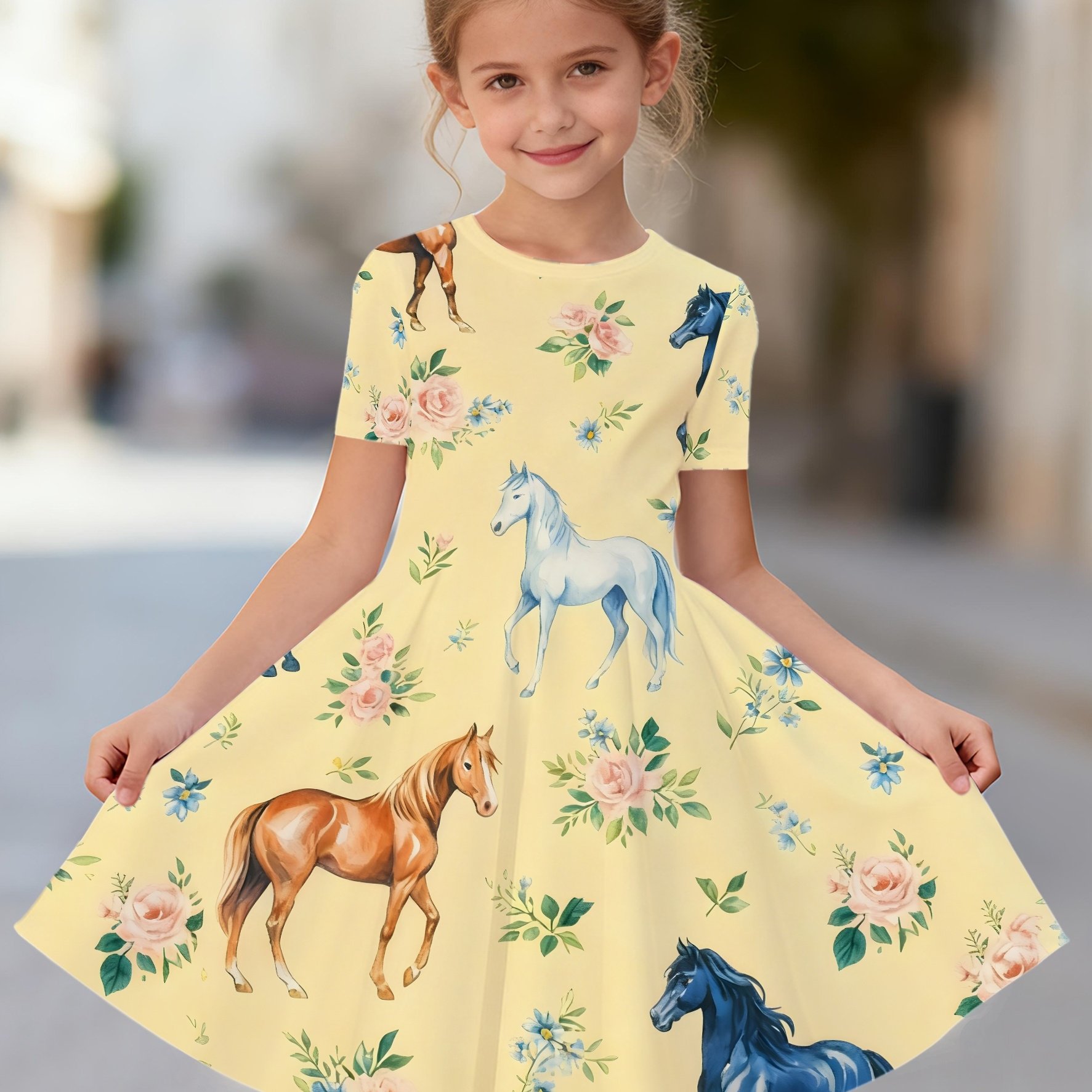 Image of Fashion Girls' Princess Dress, Animal Horse Print Design - Flared Skirt Summer Party Outfit, Machine Washable Birthday And Event Attire, Lightweight Fabric, Durable Material