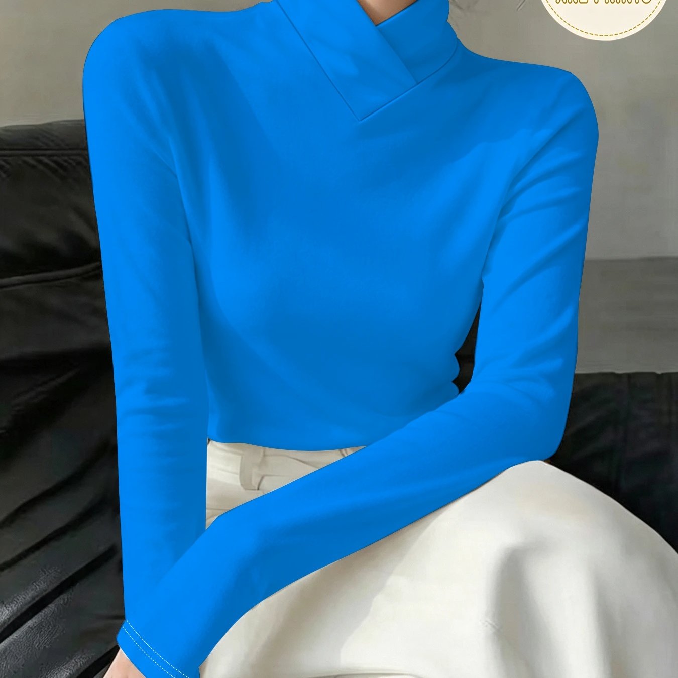 TEMU Royal Blue Cross-neck Women's Long Sleeve Base Shirt, Autumn Winter Slim Fit Solid Color Top, Easy Casual Versatile Basic Inner Wear