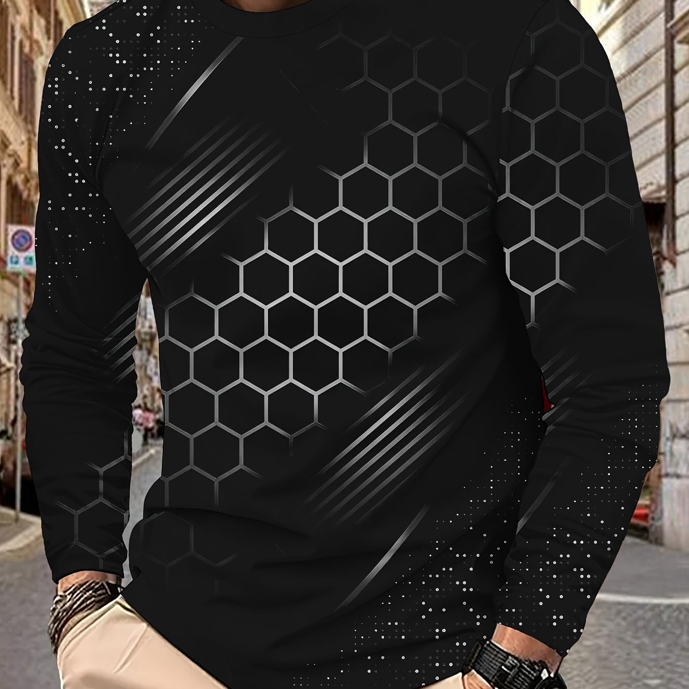 TEMU Men's Hexagonal Print Long Sleeve T-shirt - Comfortable & , Casual Wear Or Gifting