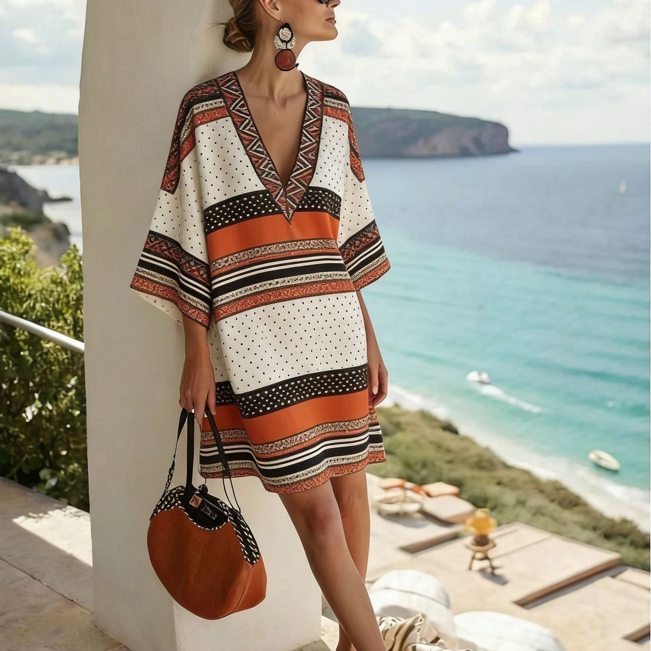 Plus Size, Plus Size Must-have Bohemian Dress, Women's V-neck Loose Dress