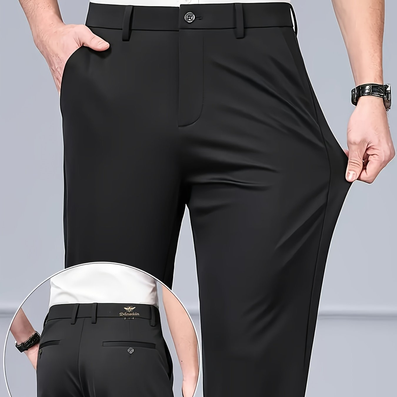 TEMU Men's Anti-wrinkle Casual Dress Pants | Mid-waist Straight-leg Bee Embroidery Professional Trousers | 2026 New Style | Breathable And Stylish,