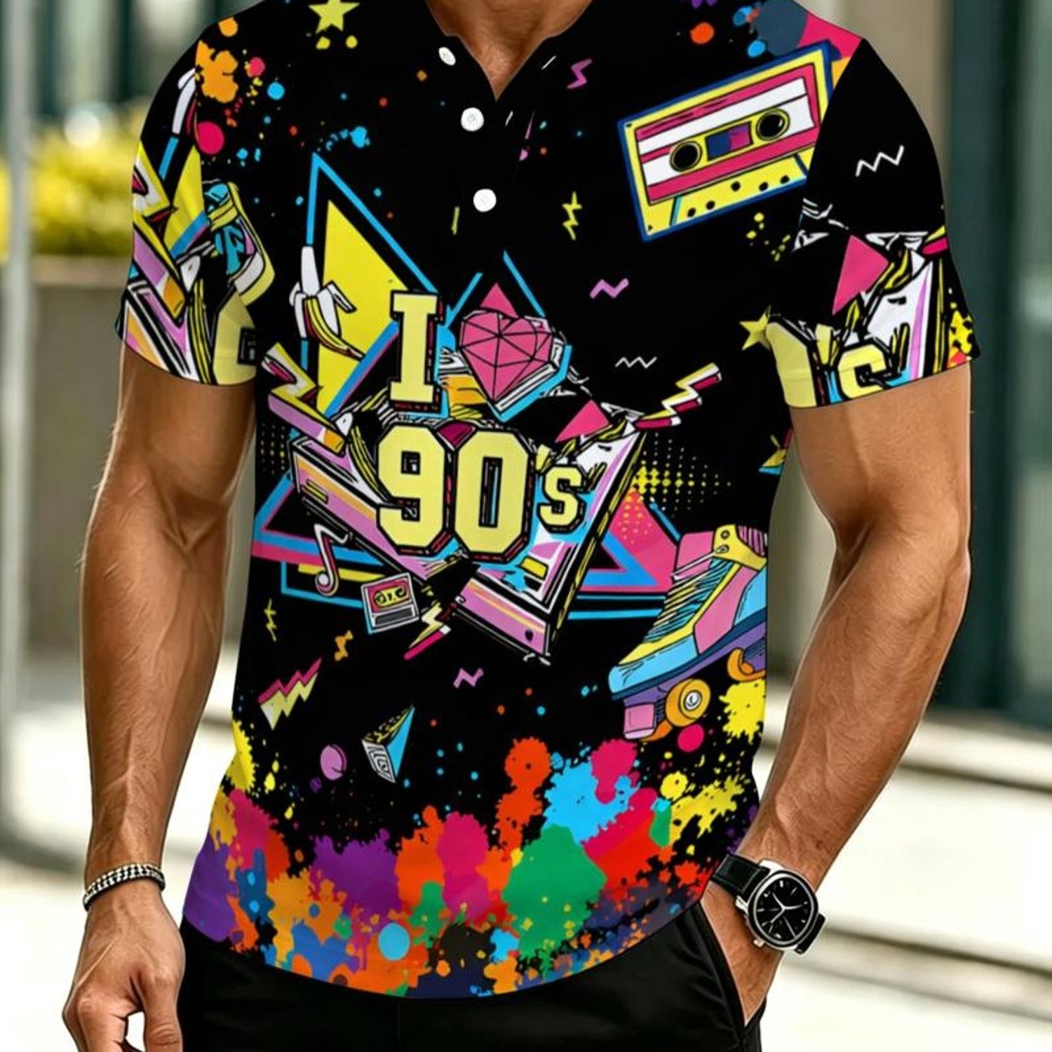 TEMU Men's Novelty Shirt, Vintage 90s Graphic Design, "i " Print, Nostalgic Icons, Vibrant Patterns, For Daily Casual Wear