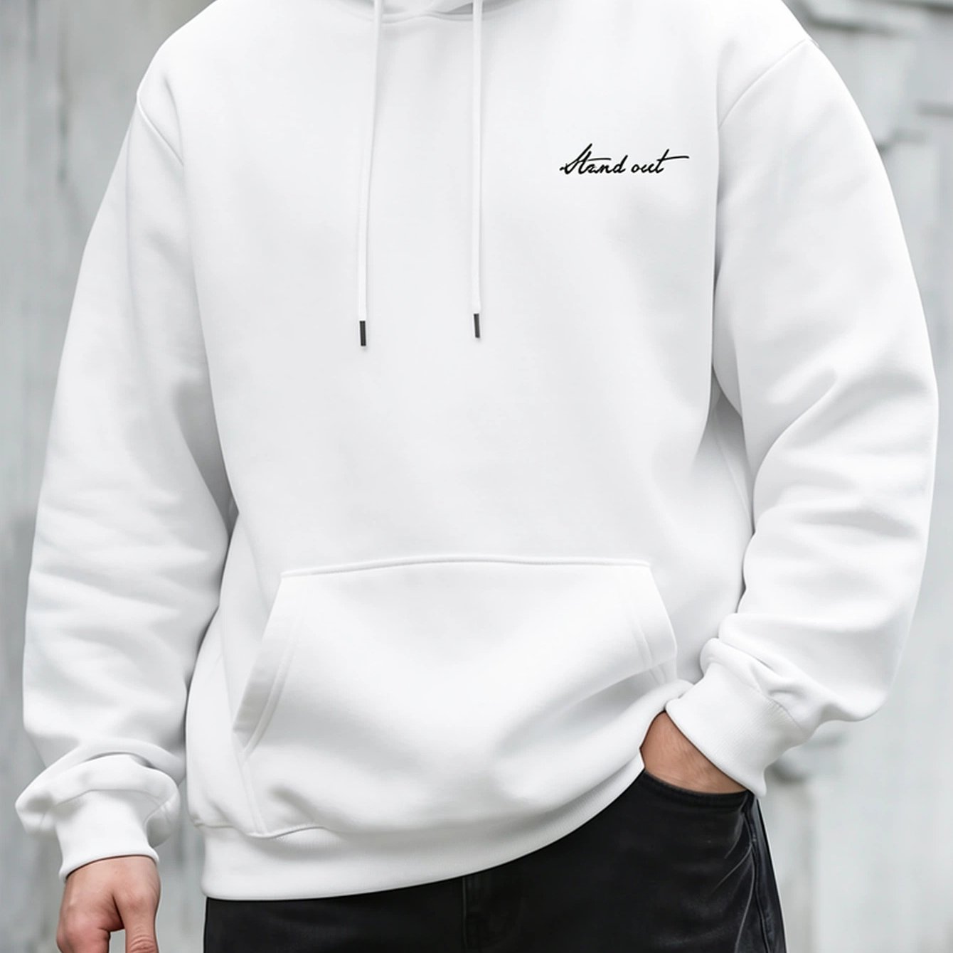 TEMU Men's Fashionable Handwritten Print Hooded Sweatshirt, Trendy Casual Kangaroo Pocket Drawstring Hoodie, Versatile Base Layer Top