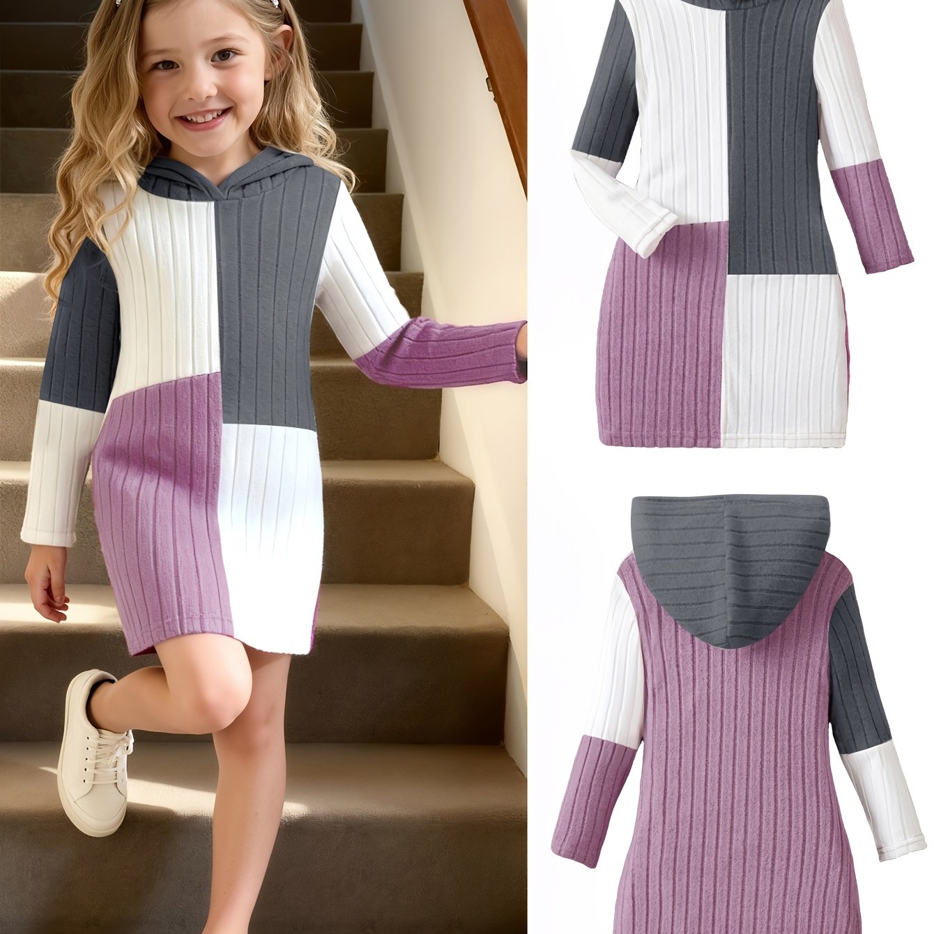 Girls' Casual Hooded Contrast-colored Design Dress, Outdoor Wear For Girls, Holiday Gift, Cute Casual Clothing, Breathable Comfortable Little Fashionable Wear