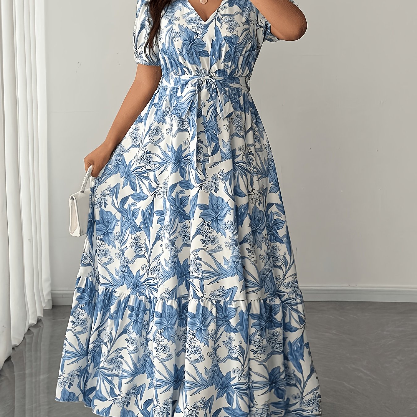 Plus Size - Elegantna dolga obleka z V-izrezom, potiskom, kravato in kratkimi rokavi, modni dizajn, dolga obleka za pomlad, poletje in jesen