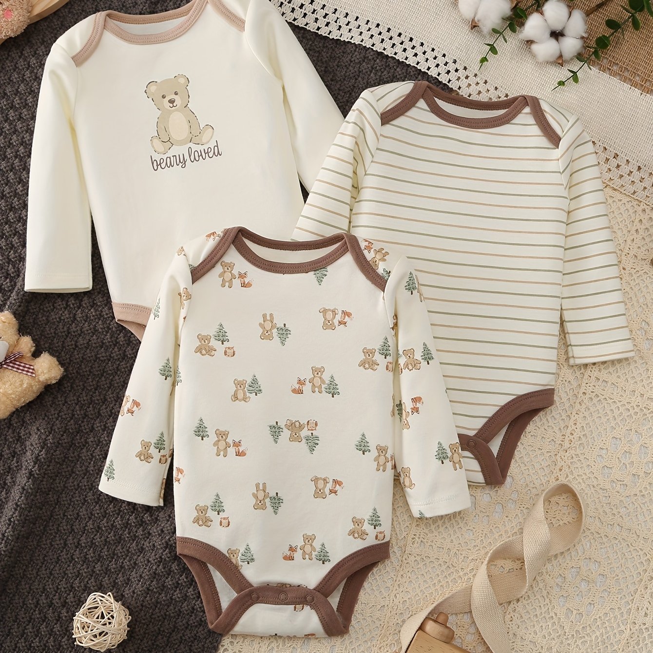Image of 3pcs Cartoon Long-sleeve Baby Bodysuit Set, Suitable For Boys 0-9 Months Old, Comfortable And Soft Bodysuit, Crawling Outfit, Ideal For Outdoor Activities, Perfect For Outdoor