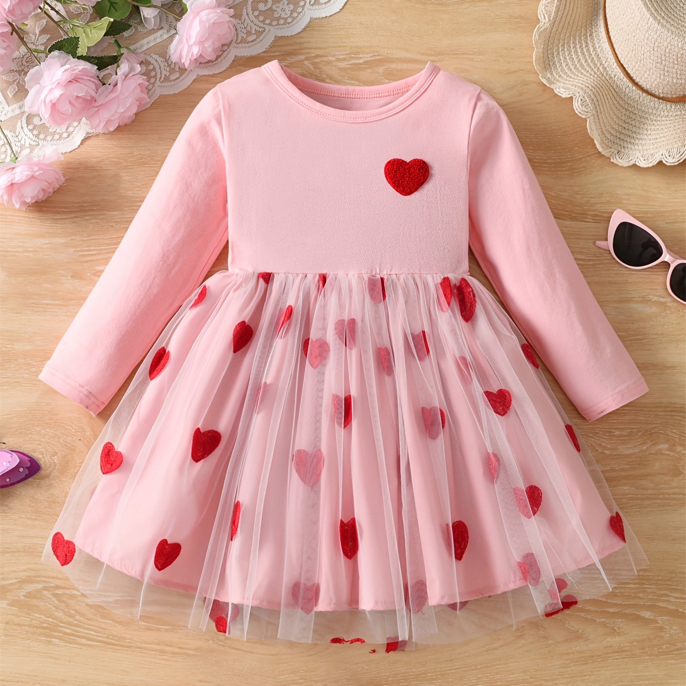 Girl's Round Neck Long Sleeve Casual Mesh Dress With Heart Pattern Embroidery On