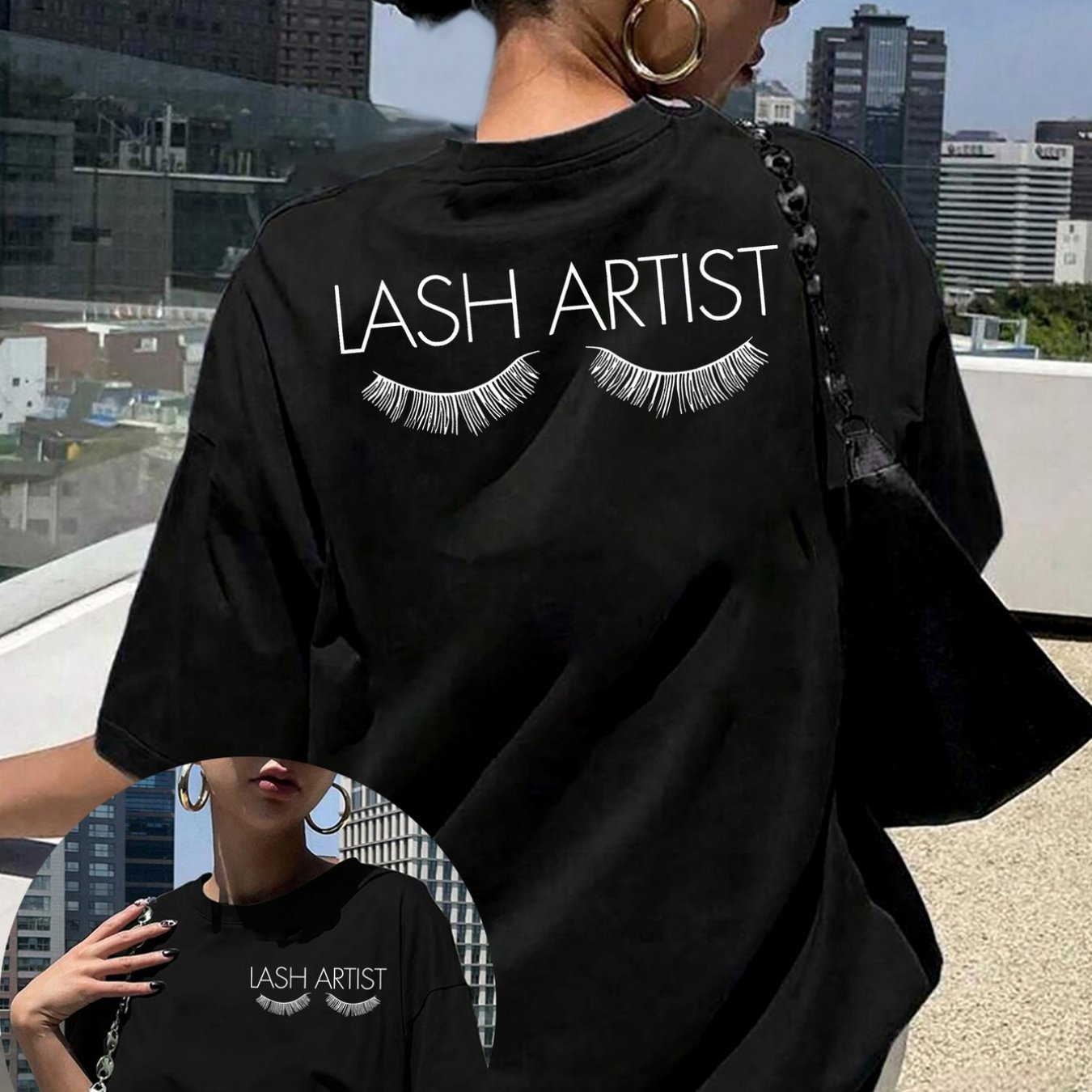 TEMU Women's Letter Print Tshirt , False Lashes Black Shortsleeved Round Neck Casual Top, Medium Elastic Breathable Fabric, Machine Washable And