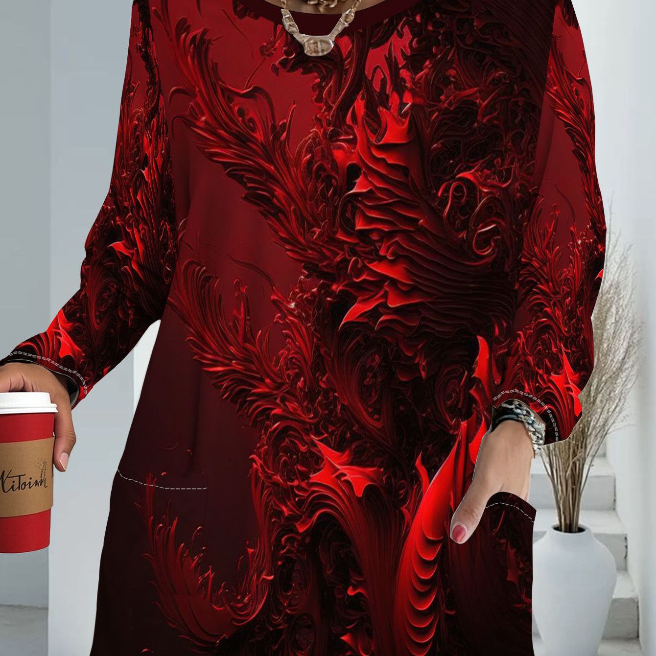 TEMU Women's Plus Size Pocket Red Phoenix Print Loose Long Sleeve Top, Women's Fashion Versatile Sweater, T-shirt