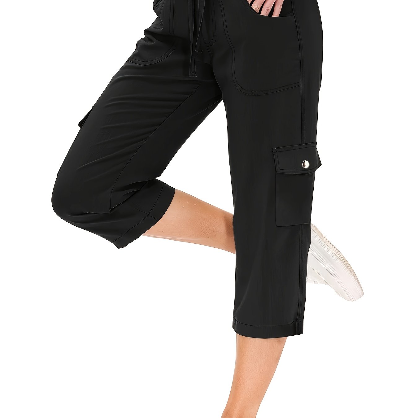 2024 Summer Women's European And Style Cargo Pants With Pockets, Elastic Waist, Trendy Casual Three-quarter Length