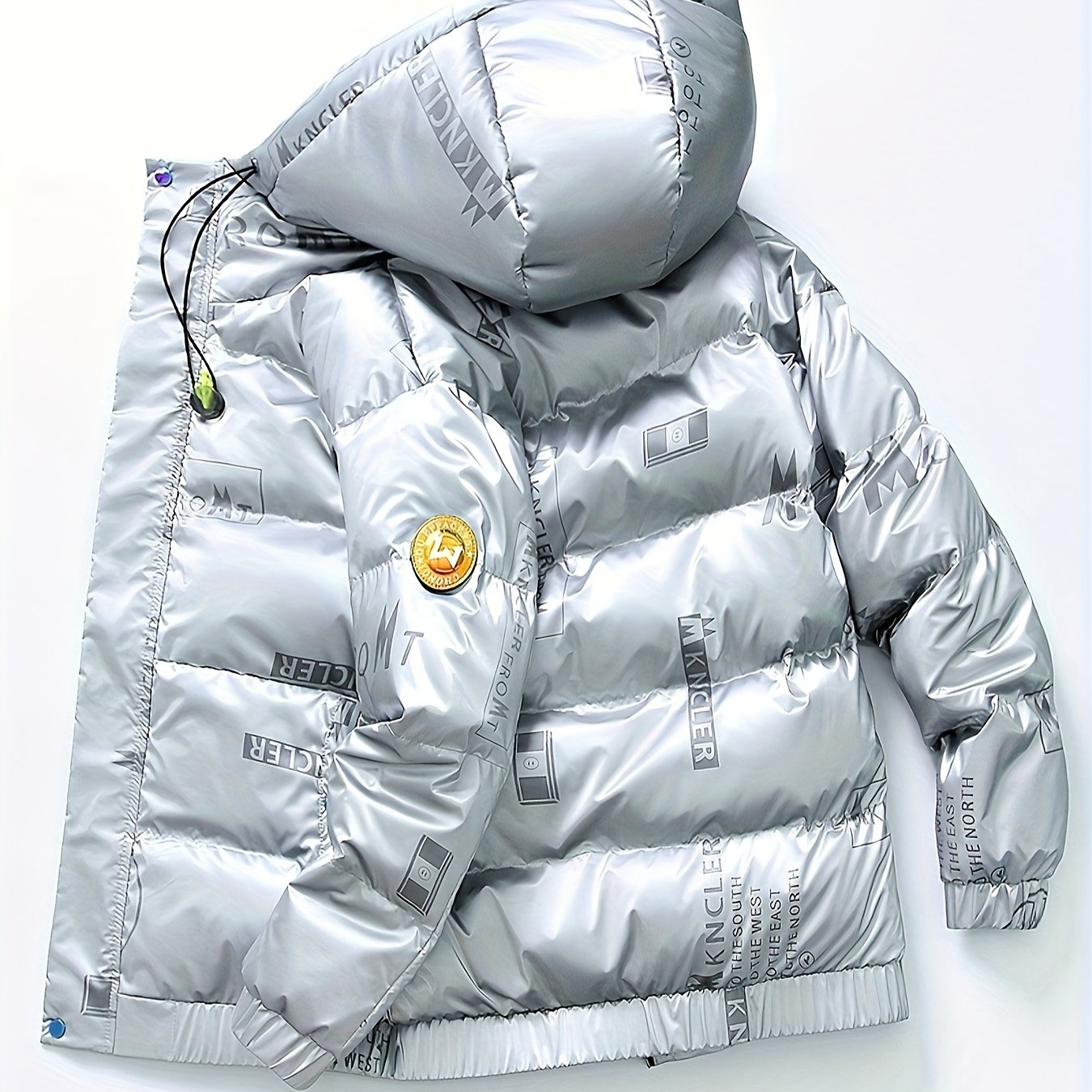 TEMU Casual Down Jacket - Warm, Windproof Hooded Coat With Drawstring Detail For Couples