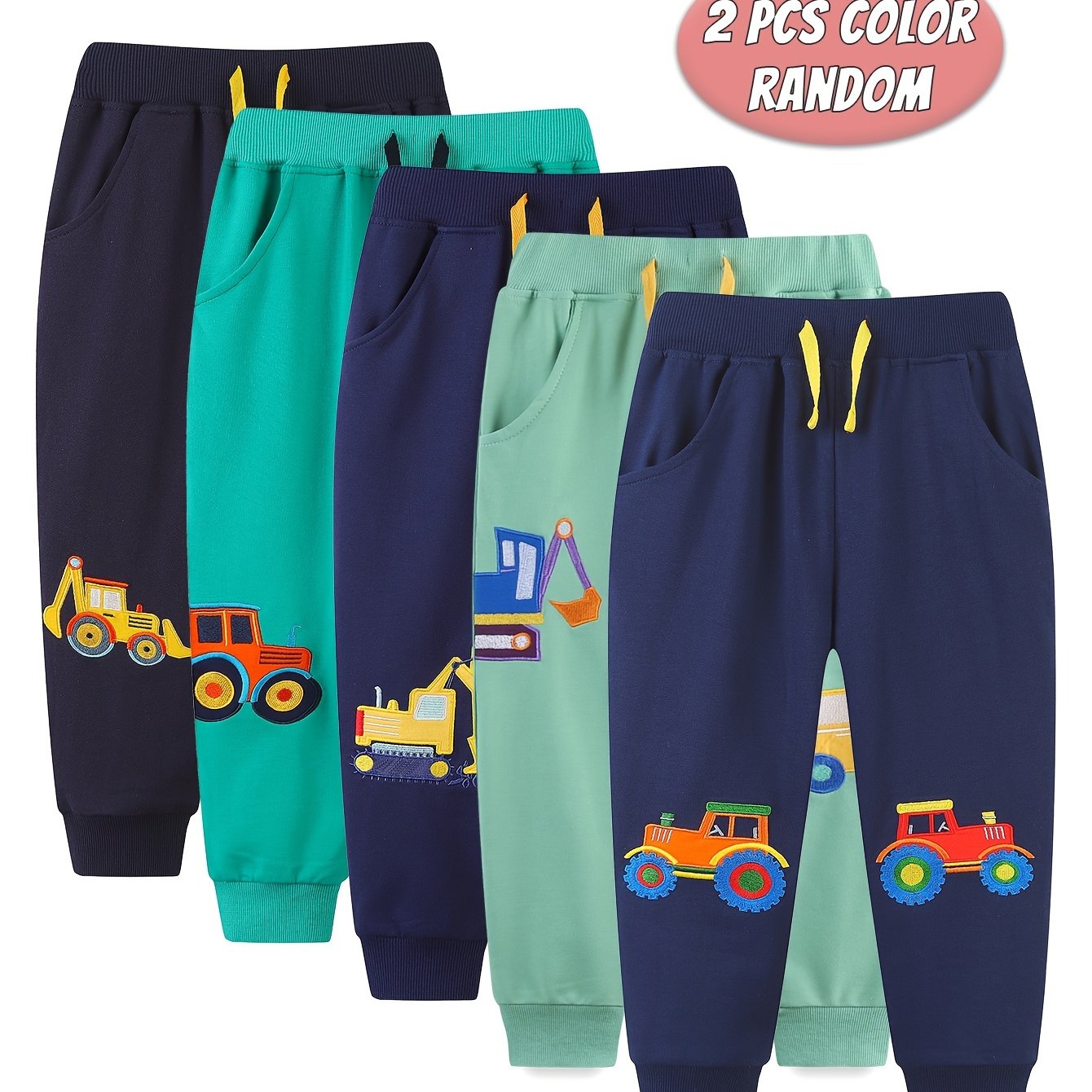 Image of Random 2pcs Set, Assorted Colors, Boys' Sports Pants With Cartoon Car Embroidery, Boys' Long Pants, Autumn Comfortable Outdoor Casual Children's Jogger Sweatpants, Perfect For Outdoor