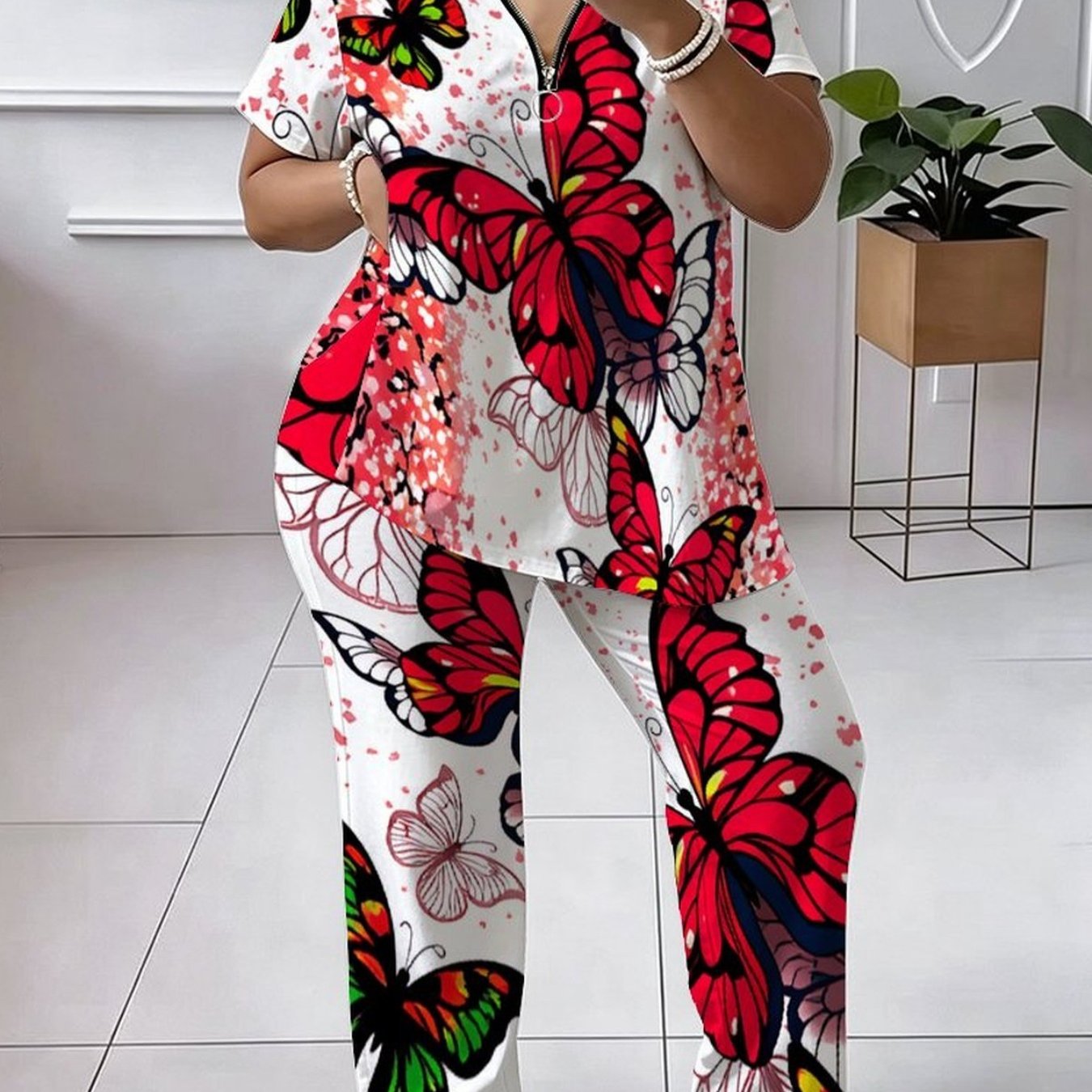 Plus Size, Women's Set, Plus-size Women's Set, Tie-dye Print, Casual Party, Comfortable Material, Trendy Short-sleeve Top, Comfortable And Breathable Pants Set
