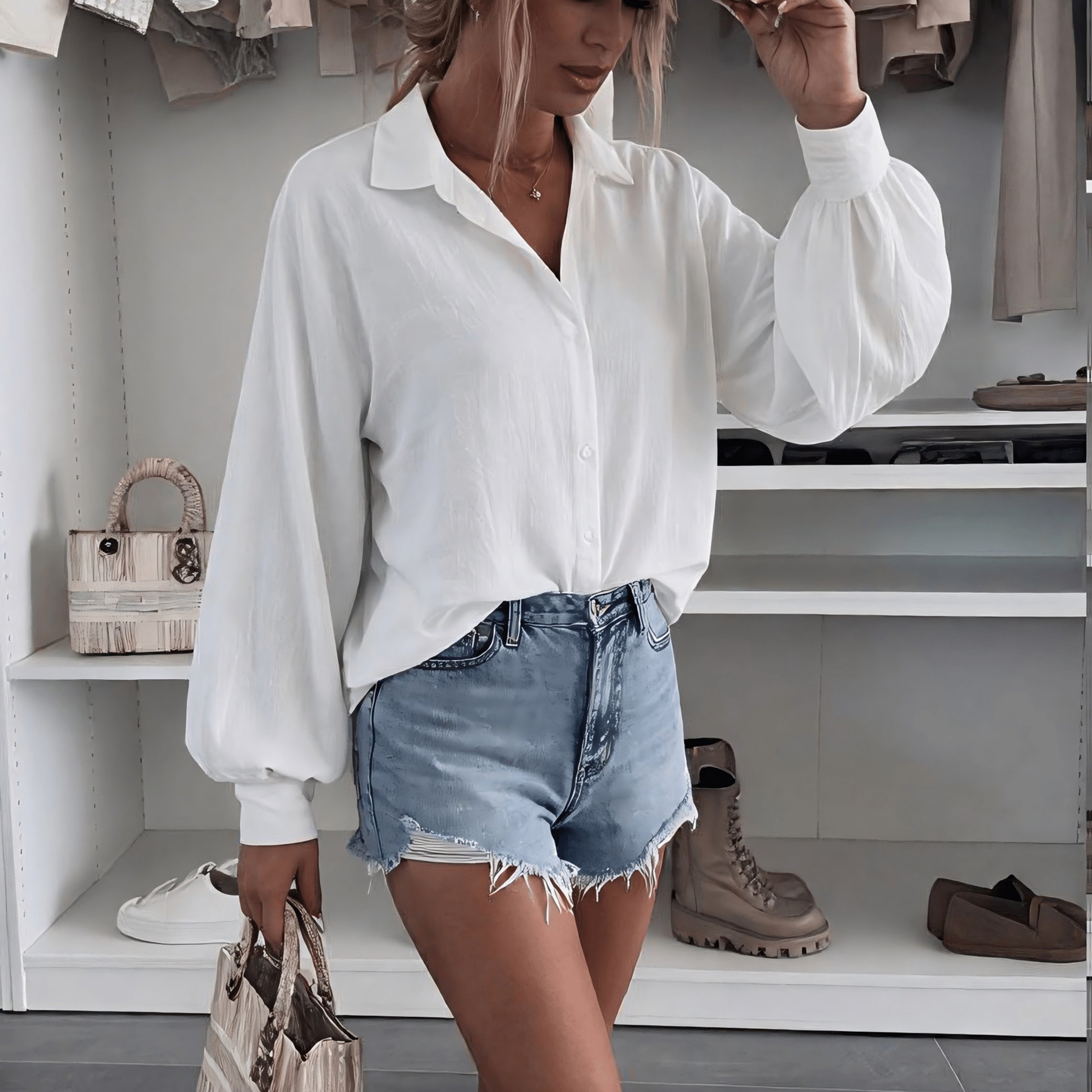 TEMU Chemise boutonnée à poignets et directionnelle pour femmes Anmukmian - Fibre douce, style décontracté à pour , l'été et , haut blanc à manches