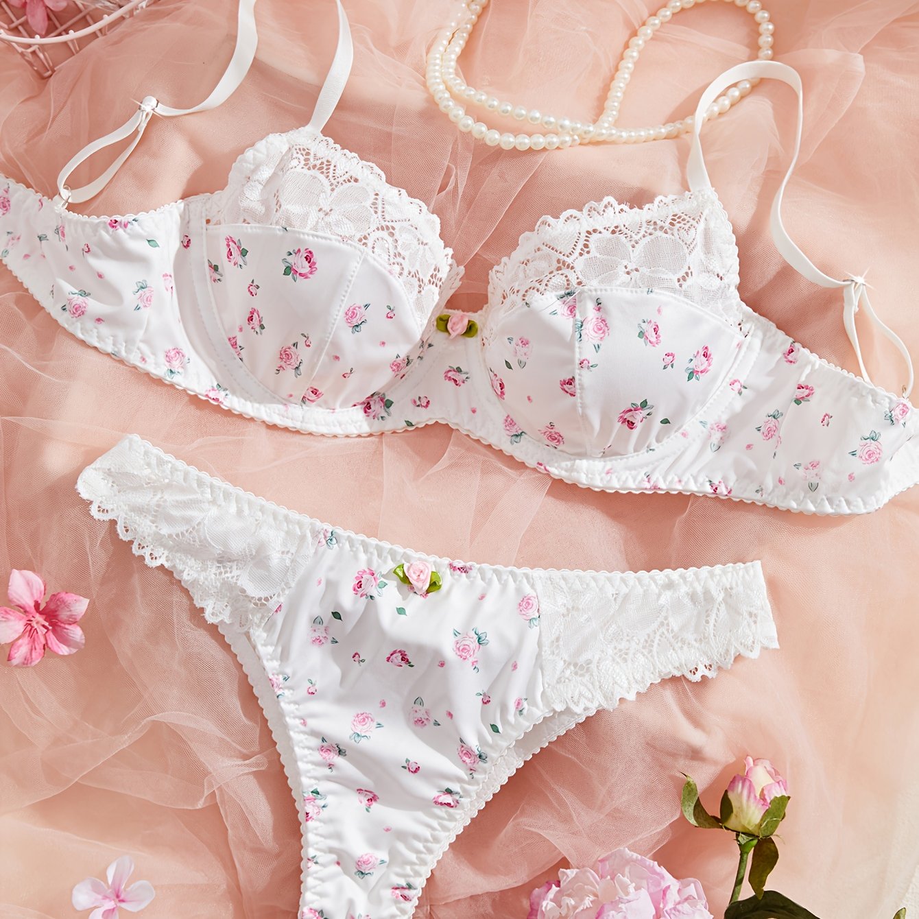 TEMU Women's Bra And Panty Set Comfortable Close-fitting Lace Panel Triangle Panties Sexy Lace Bedroom Set Exotic Lingerie