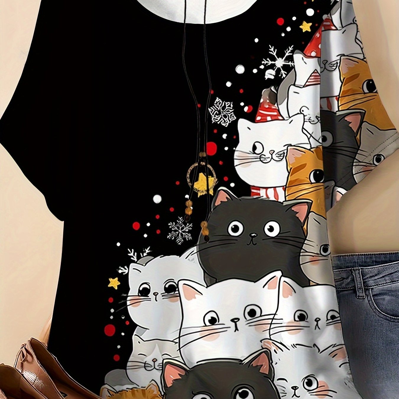 TEMU Plus Size, Plus Size Women's T-shirt With Printed Cat Wearing Christmas Hat Pattern, Christmas Theme, Round Neck Short Sleeved Summer Top,