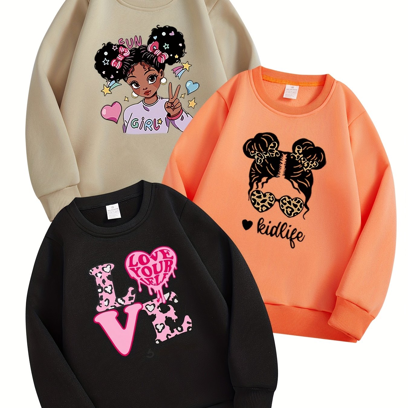 TEMU 3er-Pack Mädchen Freizeit Pullover Sweatshirts - Polyester, leicht dehnbar, Passform | Niedliche Herz- & Cartoon-Print Rundhals-Sweatshirts für