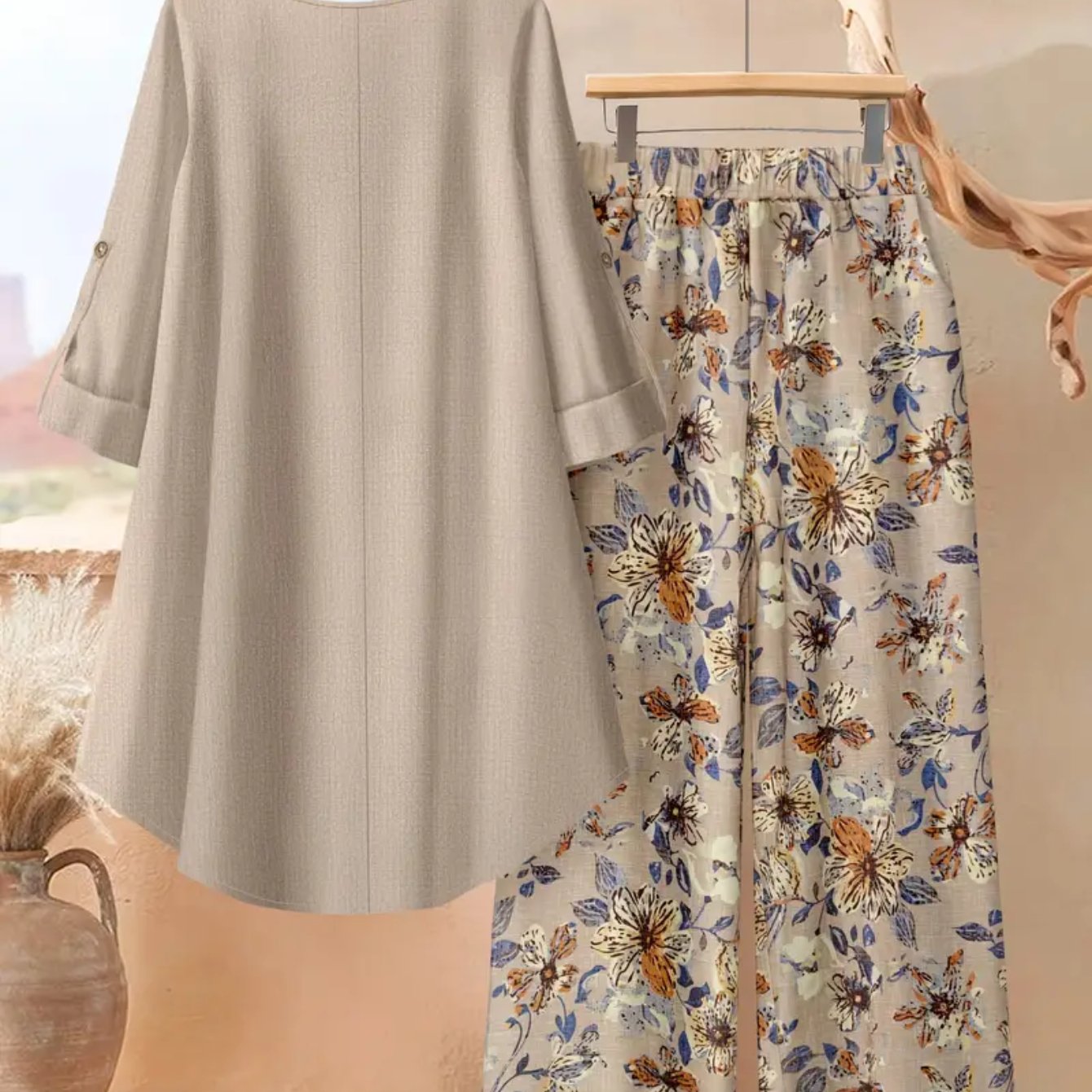 TEMU 1 Set Of Women's Vintage Literary Style Button Decoration Asymmetrical Mid-sleeve Top Colorful Floral Print Loose Wide-leg Pants Two-piece Autumn And Winter Casual Comfortable Suit