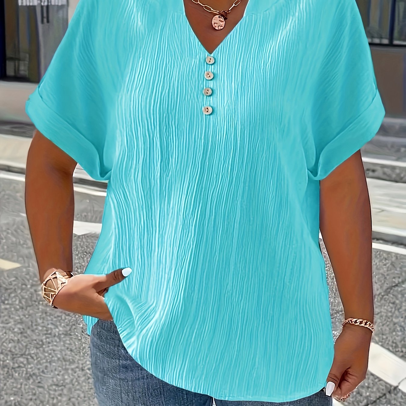 Image of Plus Size, Women's Plus Size New European And Spring/summer Short Sleeve Button-up Solid Color Elegant Fashionable Casual T-shirt