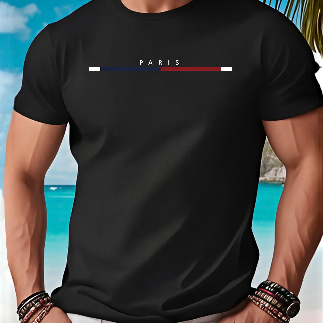 TEMU Men's Paris Graphic T-shirt - Black Casual Short Sleeve Tee With Stripes, Comfortable Round Neck, Perfect For Casual Attire, Everyday Tshirt |