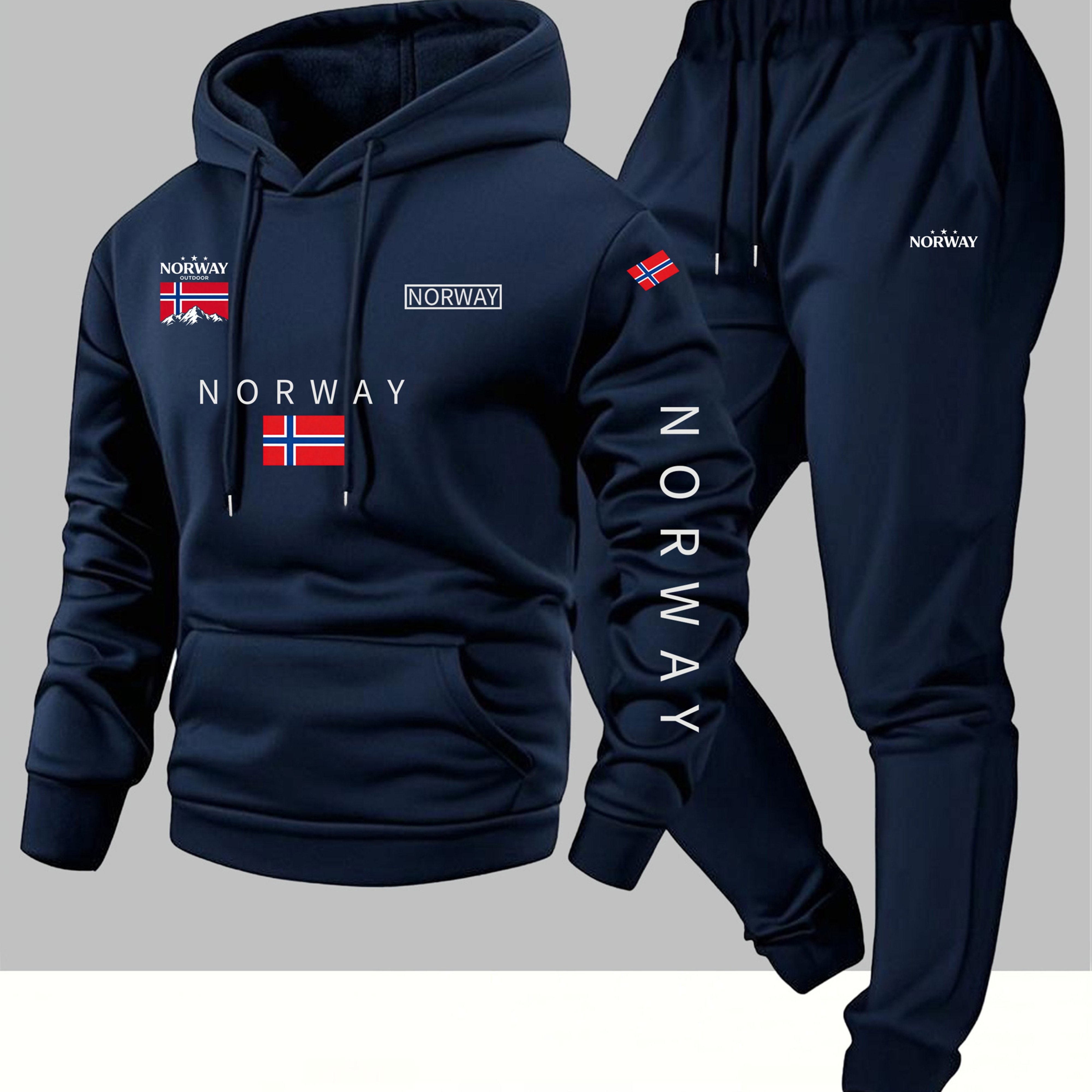 TEMU Men's 2pcs Hoodie And Sweatpants Set Cartoon Norway Letter Drawstring Pocket Hoodie And Sports Drawstring Trousers Matching Set 2pcs