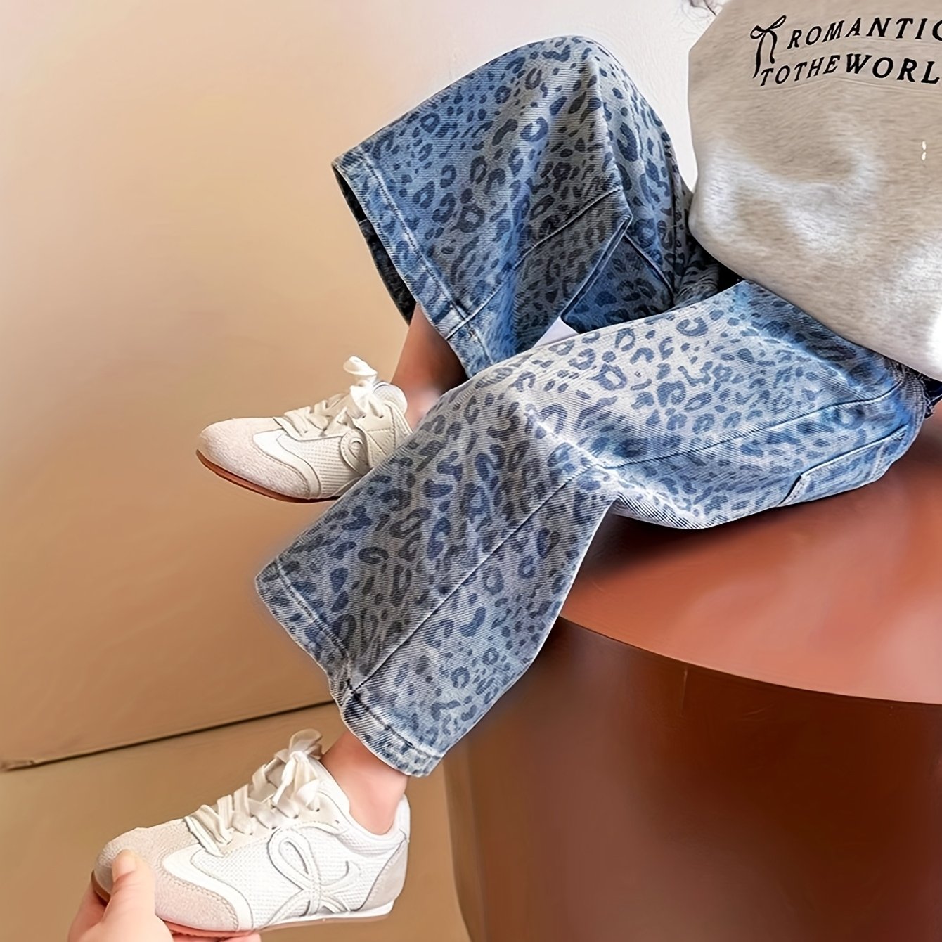 Image of ' With Light Leopard Print, Slightly Flared Hem, Blue Denim Long Pants For Girls, Trendy Solid For Girls, Perfect For Outdoor