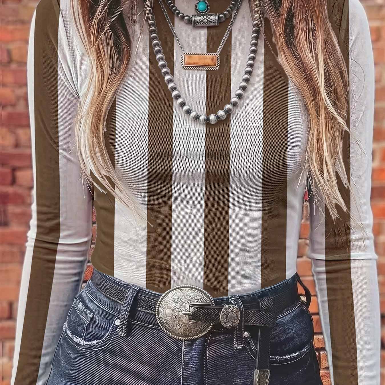 TEMU Women's Sheer Mesh Sexy Top With Vertical Stripe Pattern, Print Design, Breathable, Comfortable, Skin-friendly, Stretchy Fabric, Elegant And