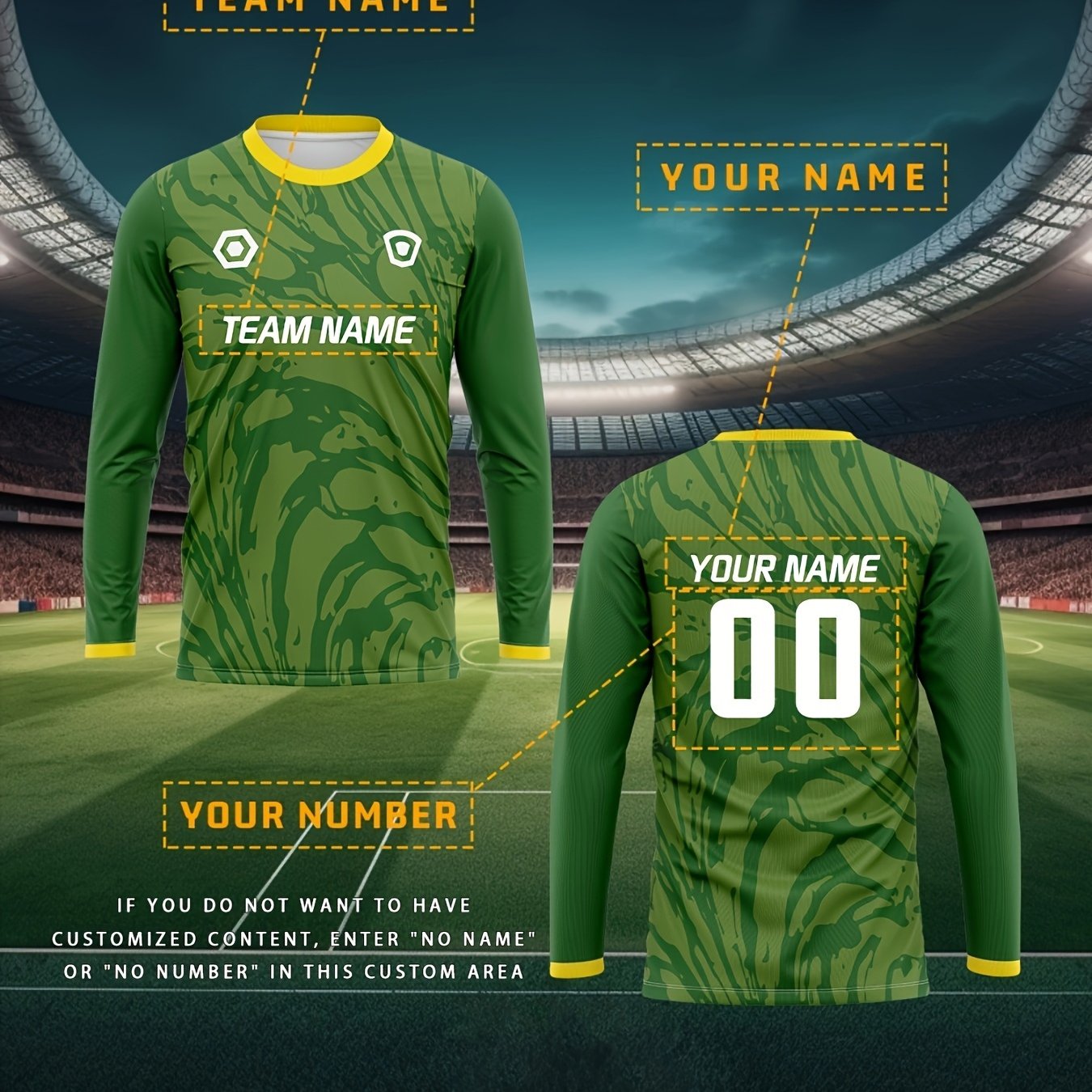 TEMU Custom Football Shirts With Name And Number - Green And Yellow Long-sleeve Training Jerseys, Suitable For Men's Teams, Clubs, Parties - Add Your