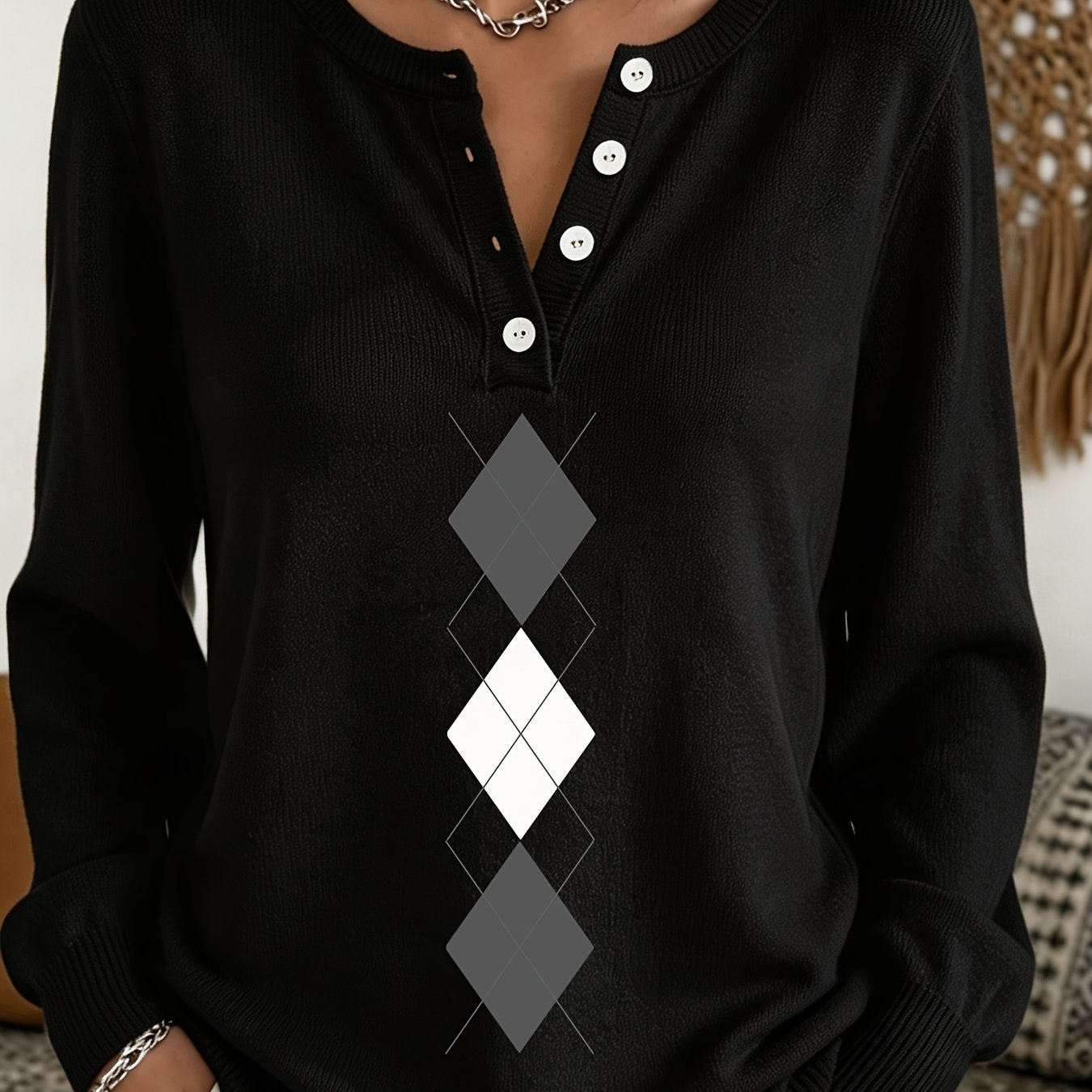 TEMU Lazy Fashion Semi-open Collar Long Sleeve Top, Long Sleeve Pullover, Casual Versatile Item For Home And Out