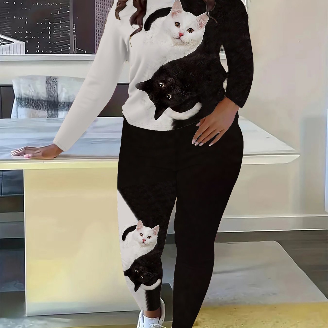 Women's Black And White Cat Print Long Sleeve And Pants Set