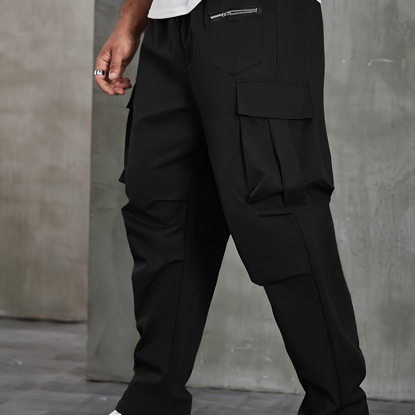 TEMU Plus Size Men's Solid Cargo Pants For Spring Fall, Outdoor Sports Pants For Males