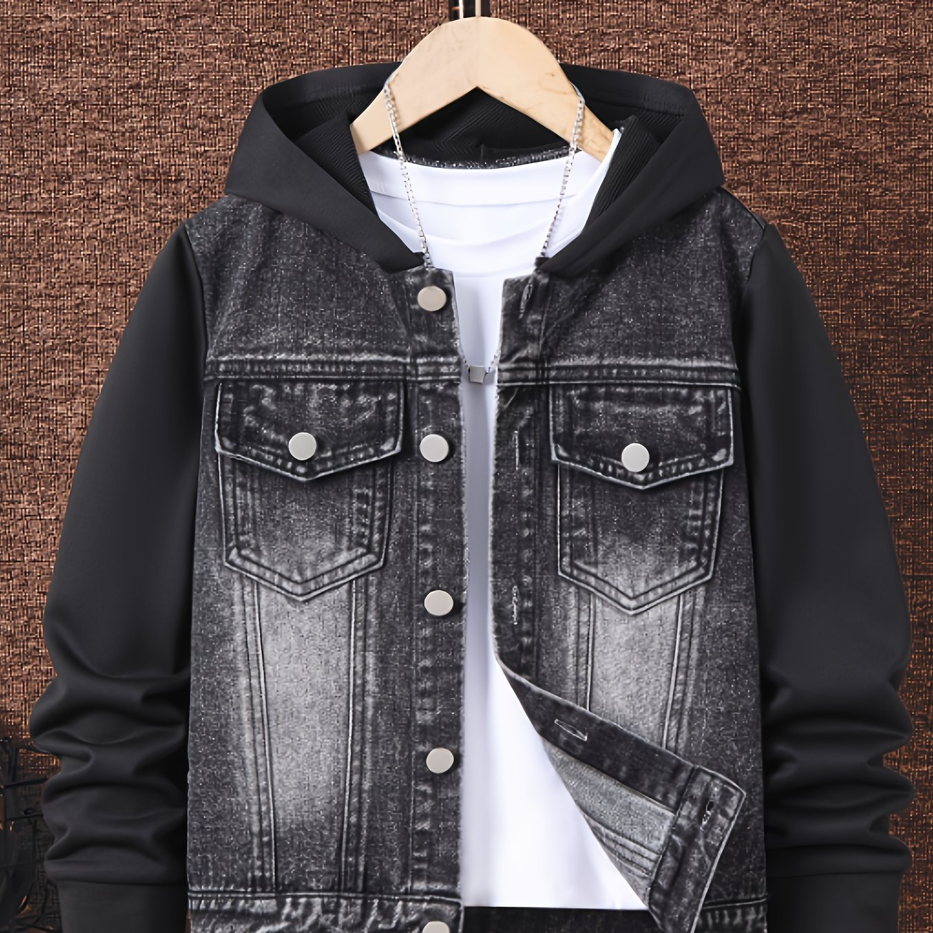 Image of Boys' Big Kids' Jacket, Fashionable And Trendy Outfit, Button-up Hooded Long-sleeve Denim Jacket For Spring And Autumn
