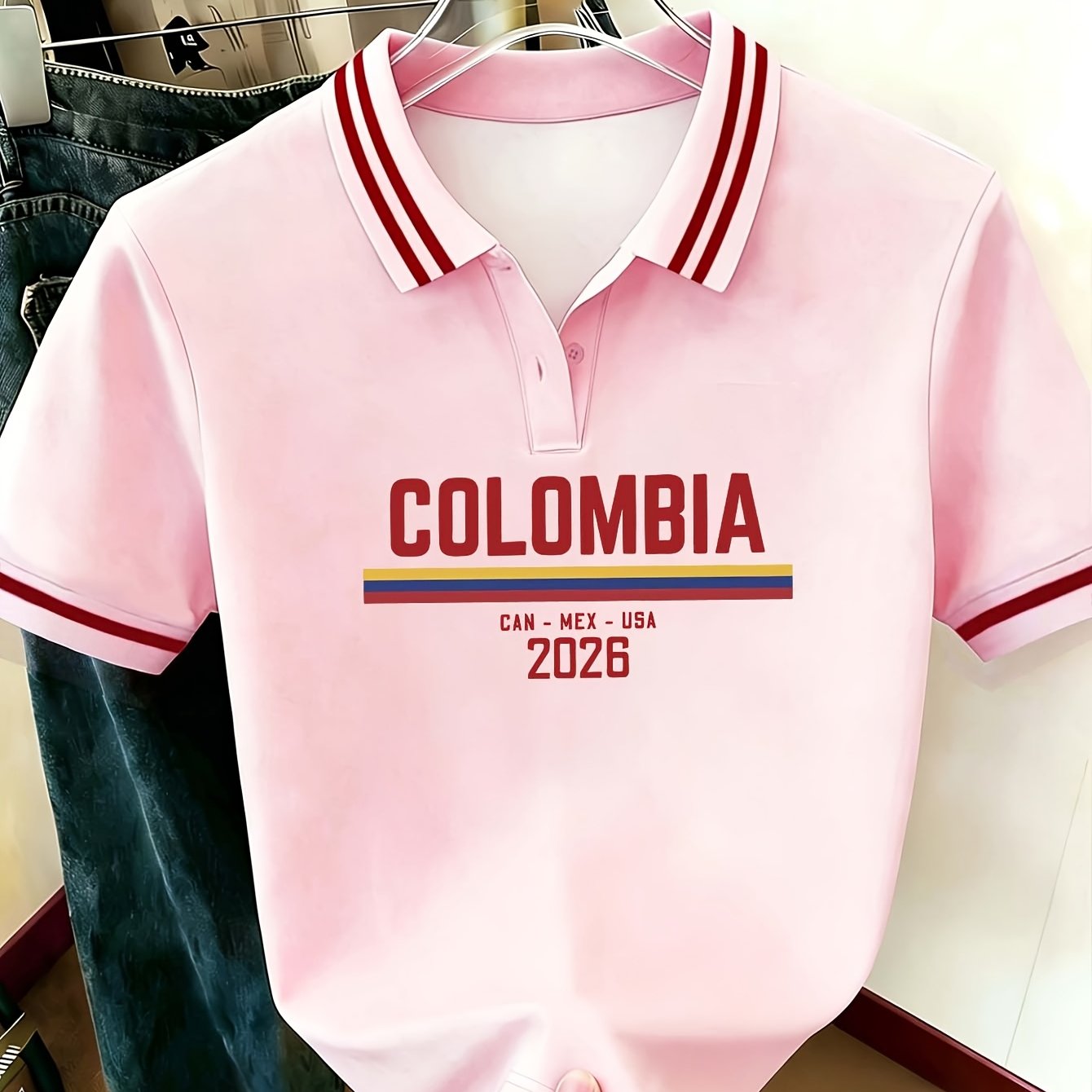TEMU New Summer Women's Pink Shirt With Contrast Striped Collar, Colombia Pattern Print Short Sleeve T-shirt, Casual Breathable Versatile For ,
