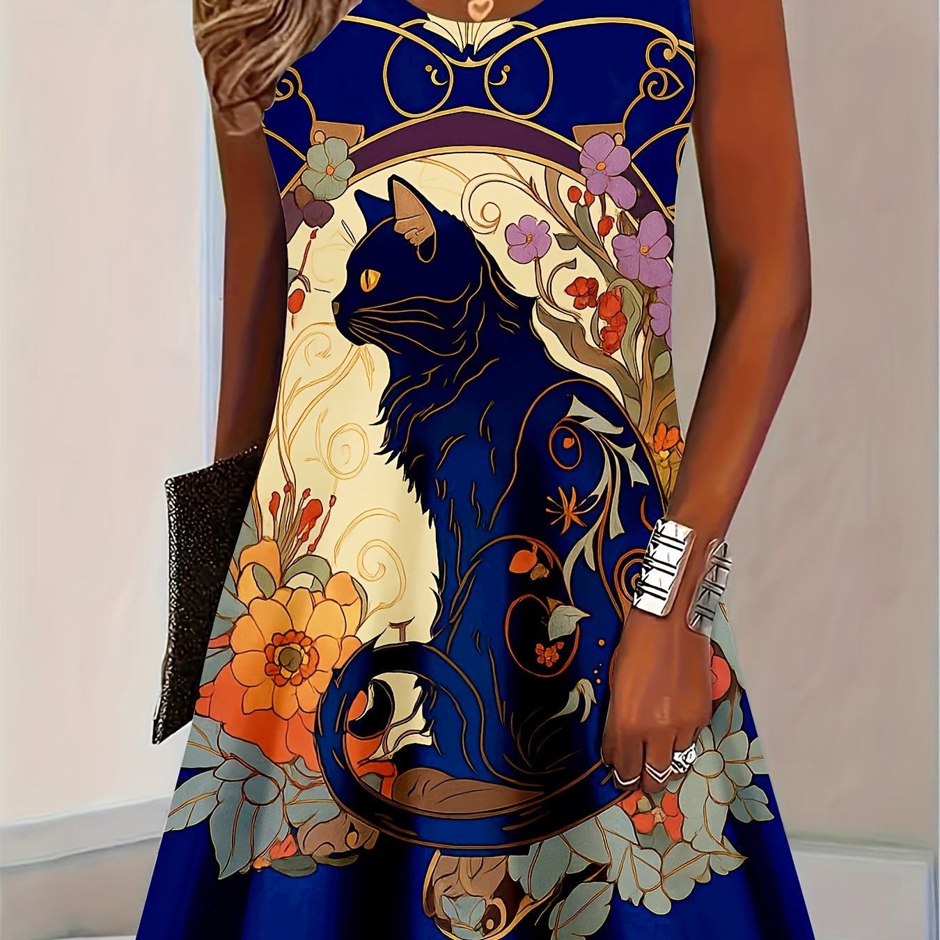 TEMU Printed Design - Textured-free Women's Sleeveless Dress With Black Cat Print, Summer Casual Wear