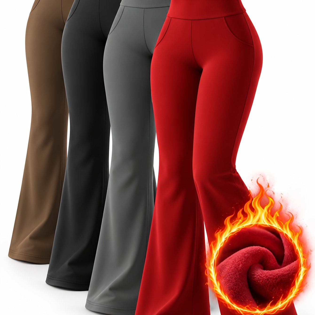 TEMU 4 Pack Women's High Waist Fleece Lined Flared Yoga Pants, Stretchy Slim Trousers With Pockets, Solid Thermal Flare Leggings For Workout & Daily