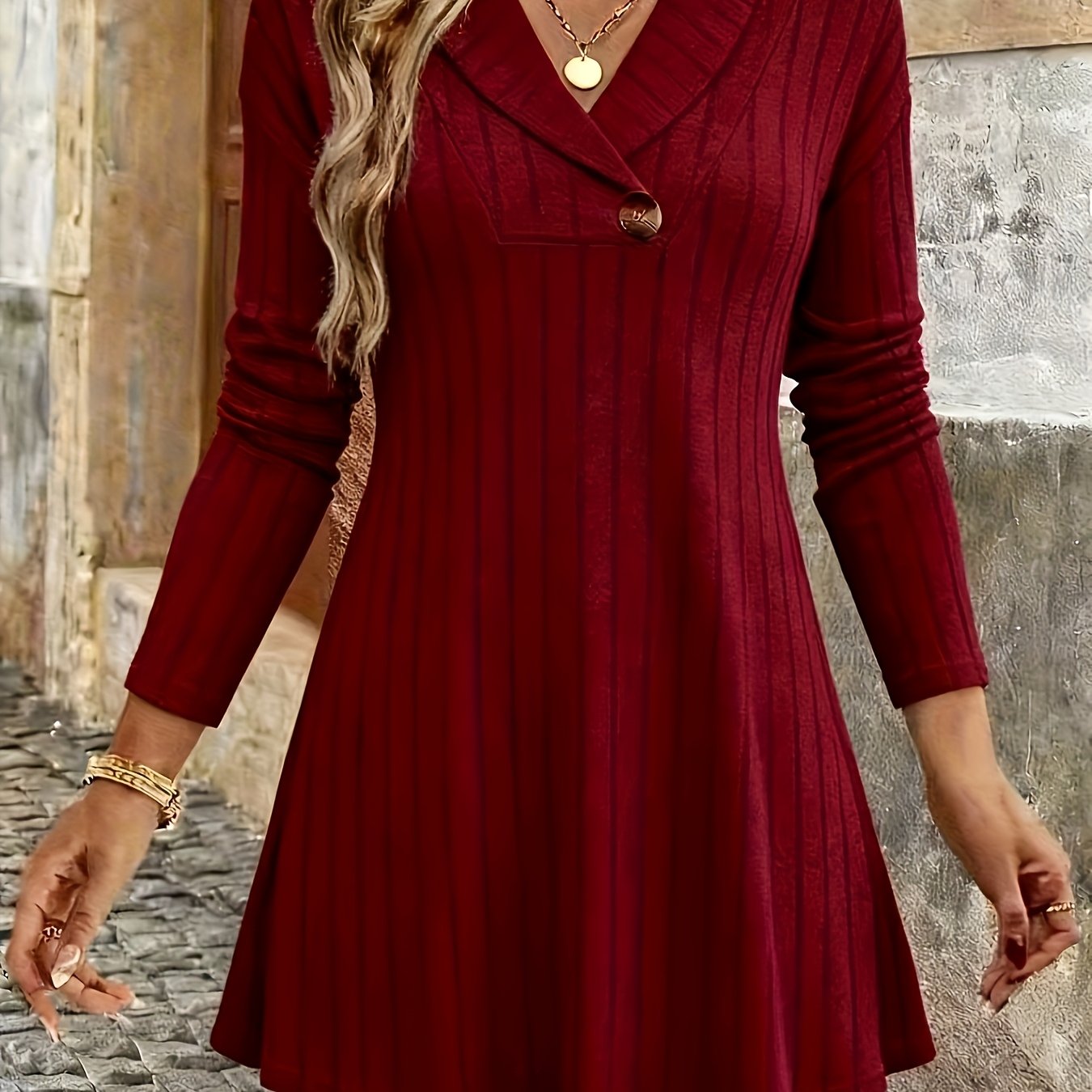 TEMU Plus Size, /summer : Plus Size Women's Casual Stretch Button-up Long Sleeve T-shirt, Lapel Ribbed V-neck Tee