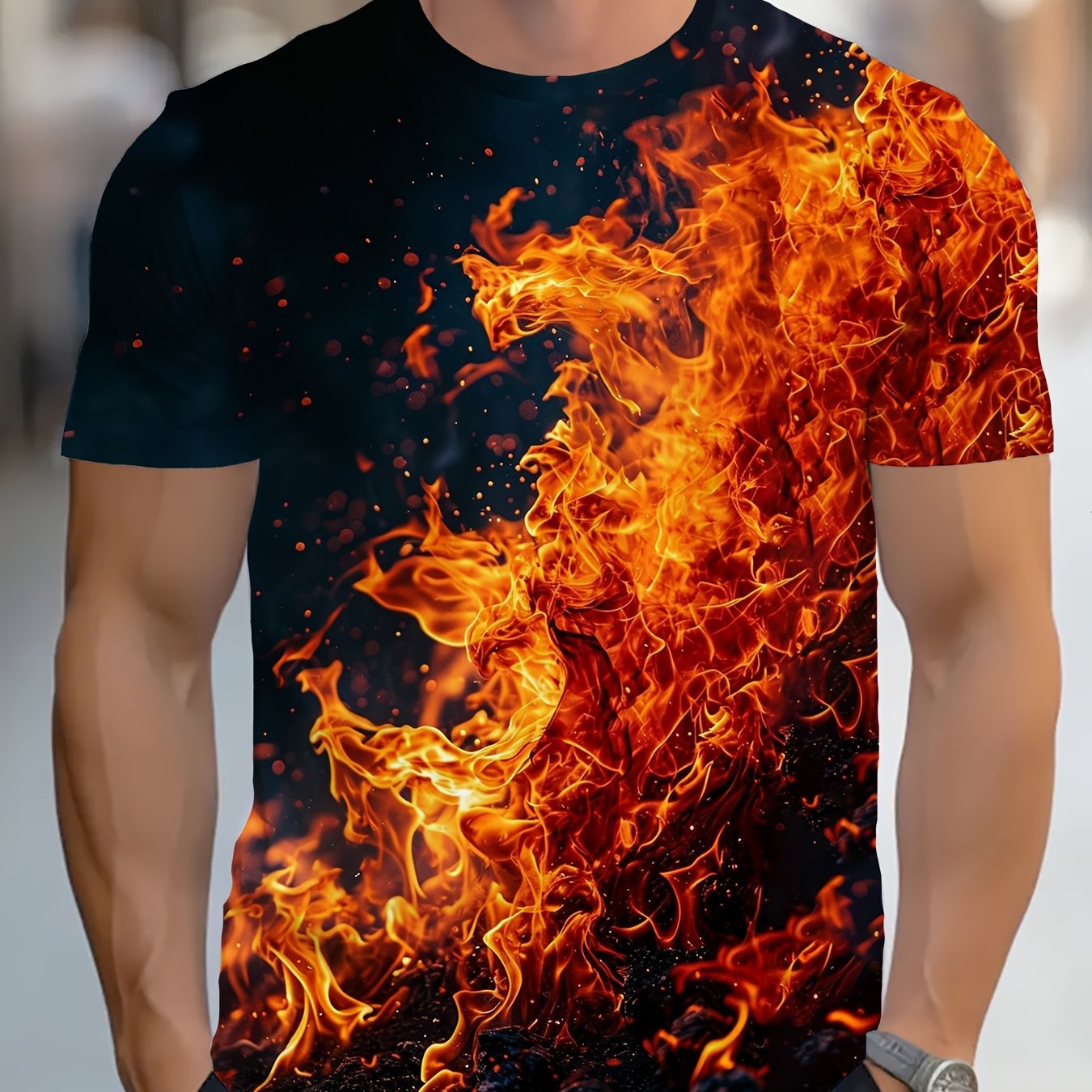 TEMU 1pc Print T-shirt Large Size Men's Casual Crew Neck T-shirt Polyester Knit Fabric Slightly Stretchy Regular Fit Vibrant Print Fashionable Flame