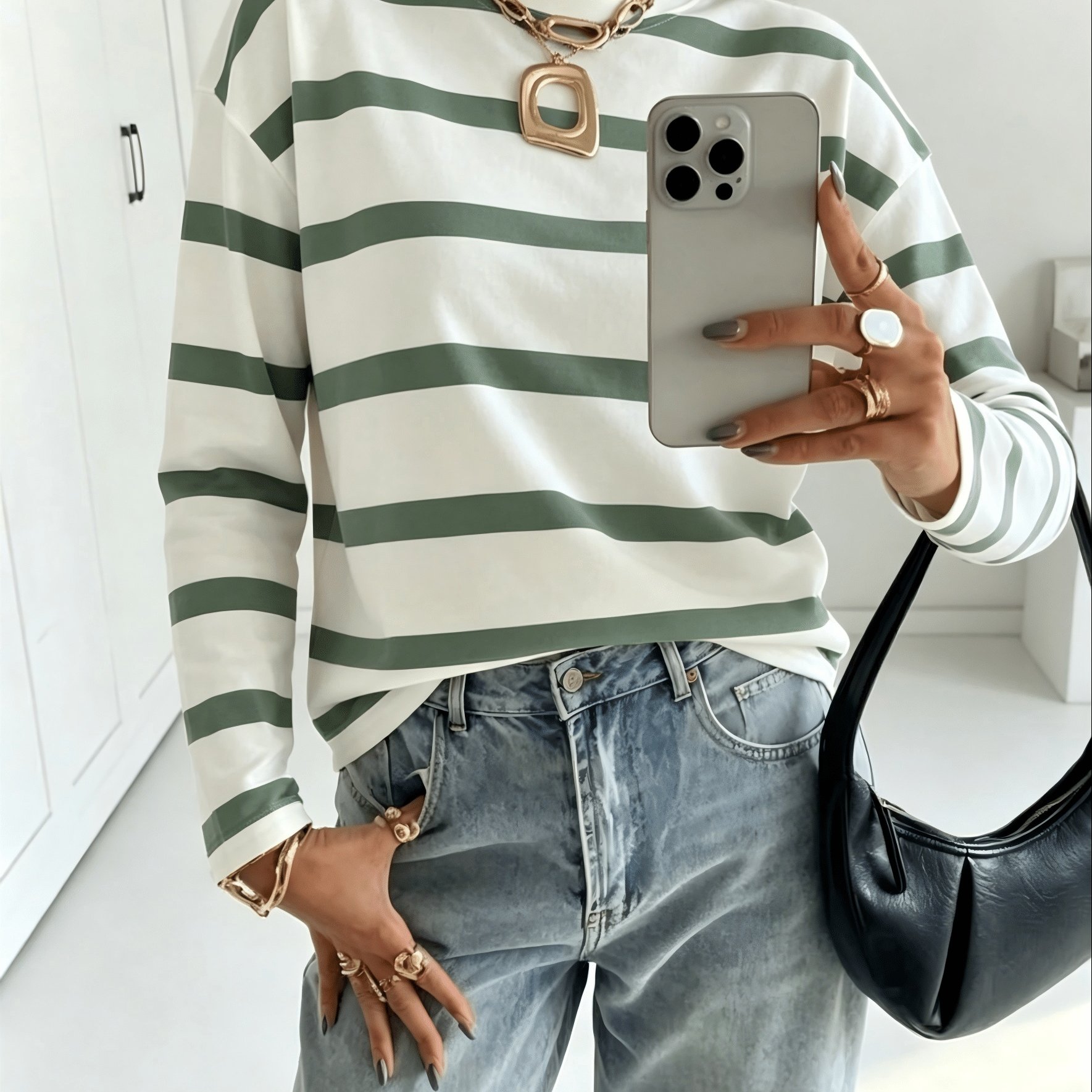 TEMU Women' And White Striped Round Neck Loose Long Sleeve Top, Suitable For Daily
