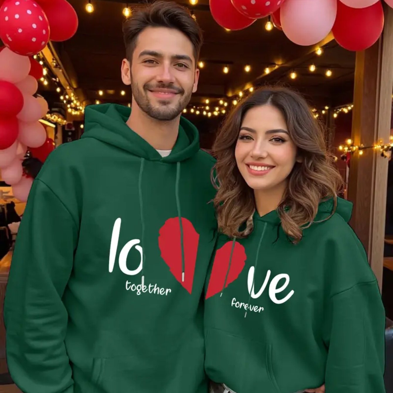 TEMU Couple's Matching Hoodies - Red "love" Graphic Pullover Sweatshirts, Long Sleeve Hooded Sweatshirts With Drawstring Hood, Machine Washable