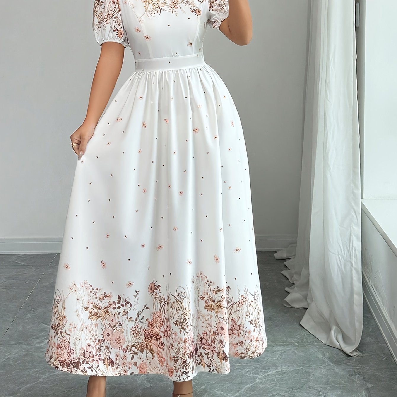 TEMU Women's New Summer Elegant Printed Waist-cinching Puff Sleeve Dress