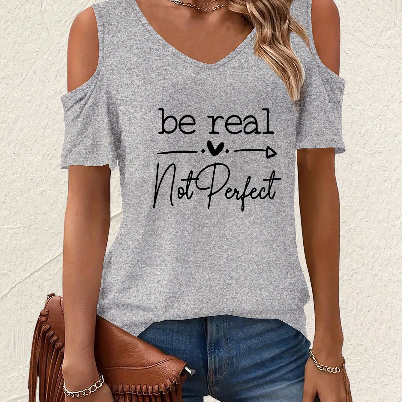 TEMU Letter Print T-shirt, Short Sleeve V Neck Casual Top For Summer & Spring, Women's Clothing