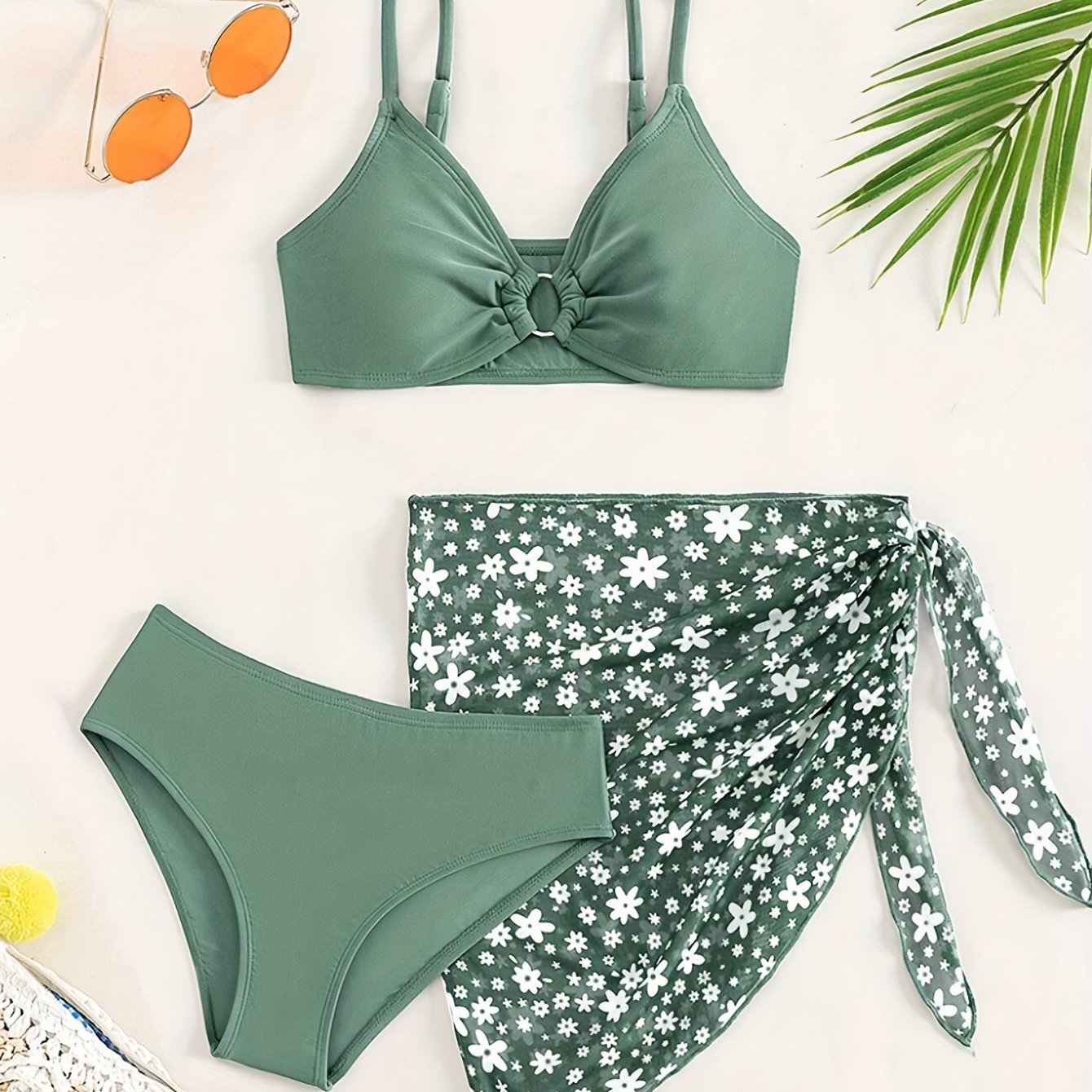 Image of Girl'-style Ins-inspired Cute And Small Floral Print Academic Style Vacation Leisure Bikini 3pcs Set Swimming Pool