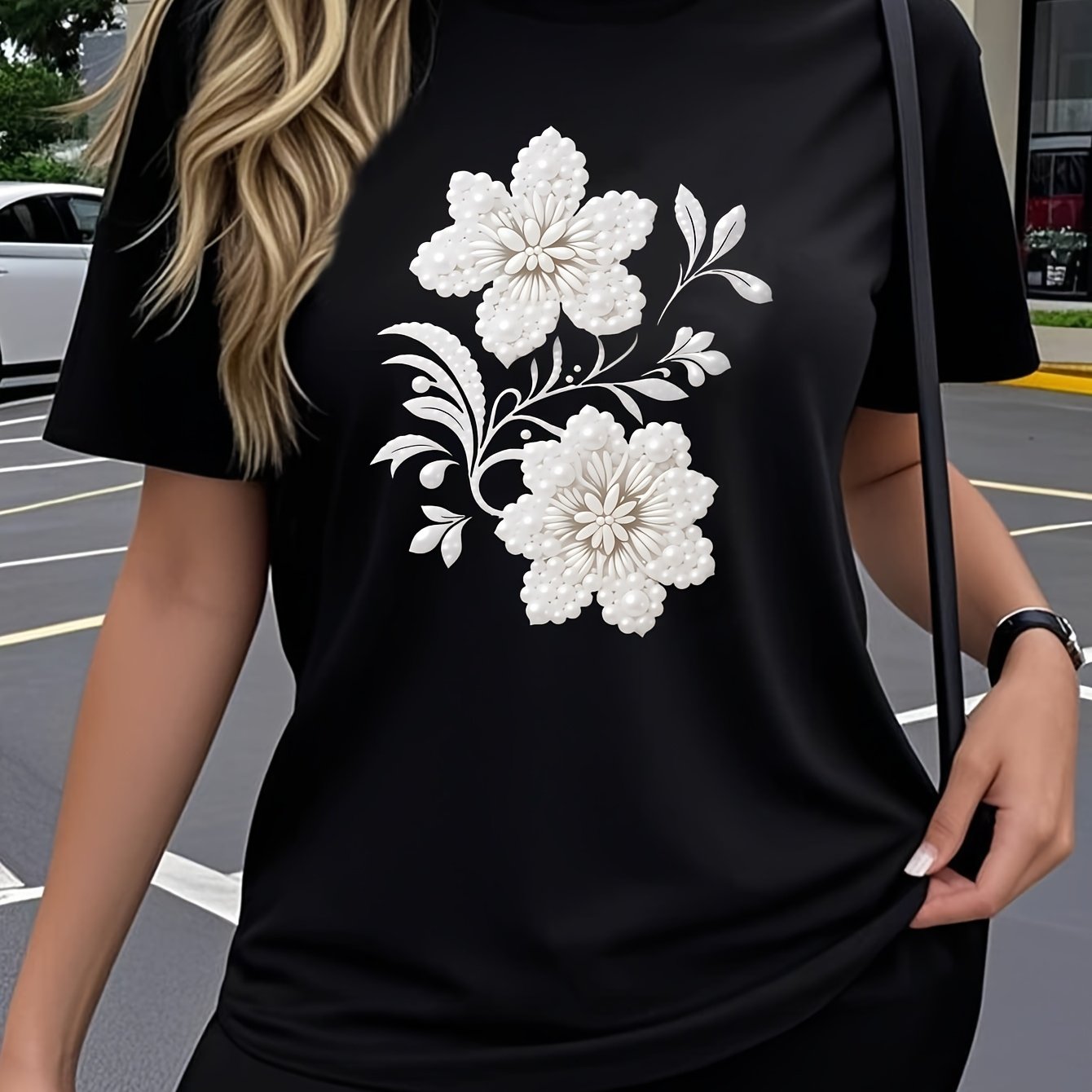 TEMU 3388# Elegant Women's Short-sleeve T-shirt, Fashionable Commuter Summer Tee, For Travel, Dates, Gifts, Vacation, Seaside Floral Pearl